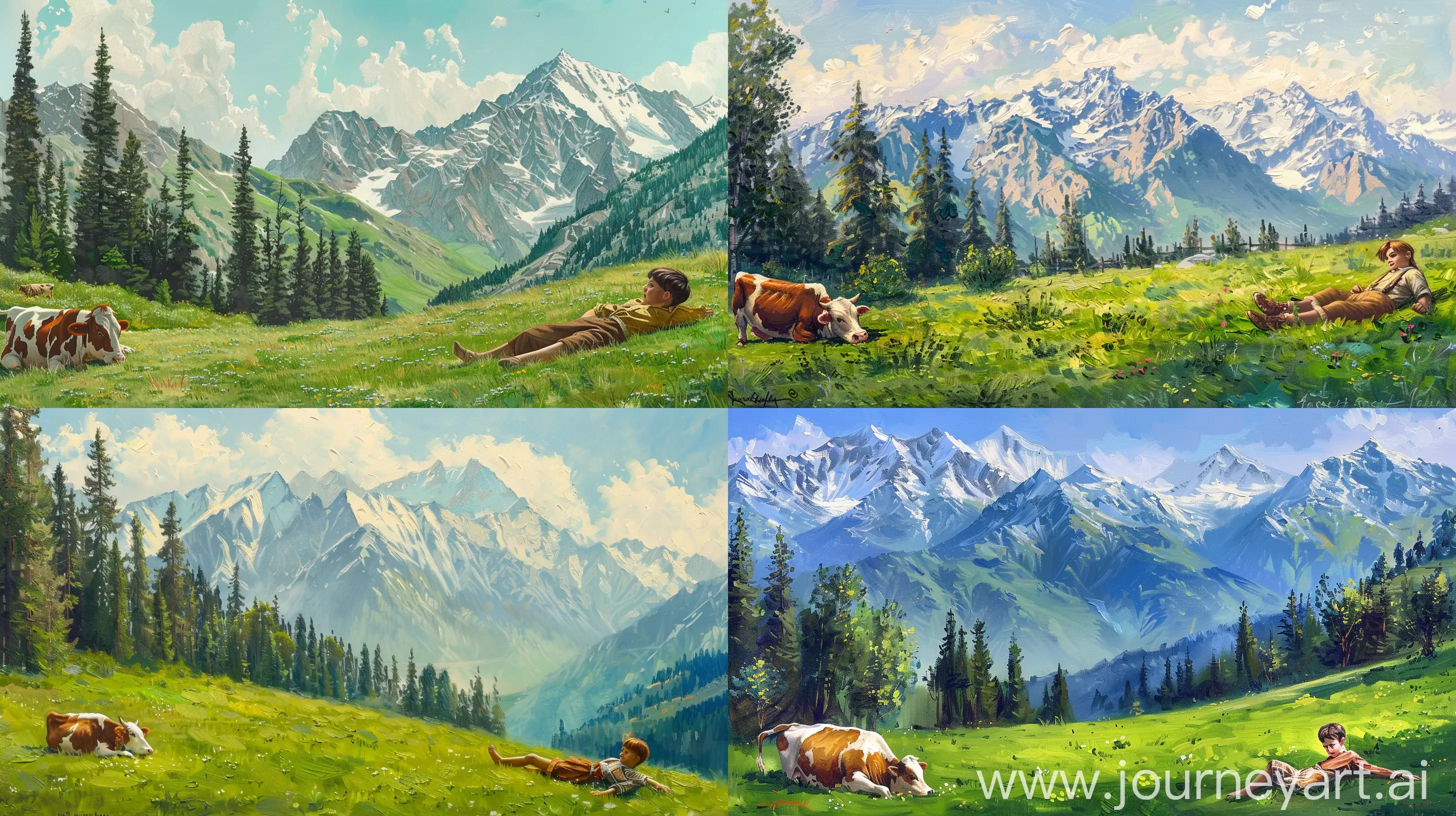 Create a picturesque oil painting artwork that captures a serene mountainous landscape with a pastoral scene. Include a lush green meadow with a grazing cow on the left side, and a young boy in traditional rural clothing reclining on the grass on the right side. Ensure the boy is depicted at rest, gazing out at the scenery with a sense of peacefulness. Add a line of trees in the middle ground separating the meadow from the distant snow-capped mountains. Pay attention to detail in rendering the grass, cow's fur, and mountain textures. Use a vibrant color palette with rich greens, blues, and whites to convey the freshness and clarity of the alpine environment. Aim for a realistic style with meticulous brushwork to enhance the overall sense of realism and capture the beauty of nature and rural life --ar 16:9 --c 3