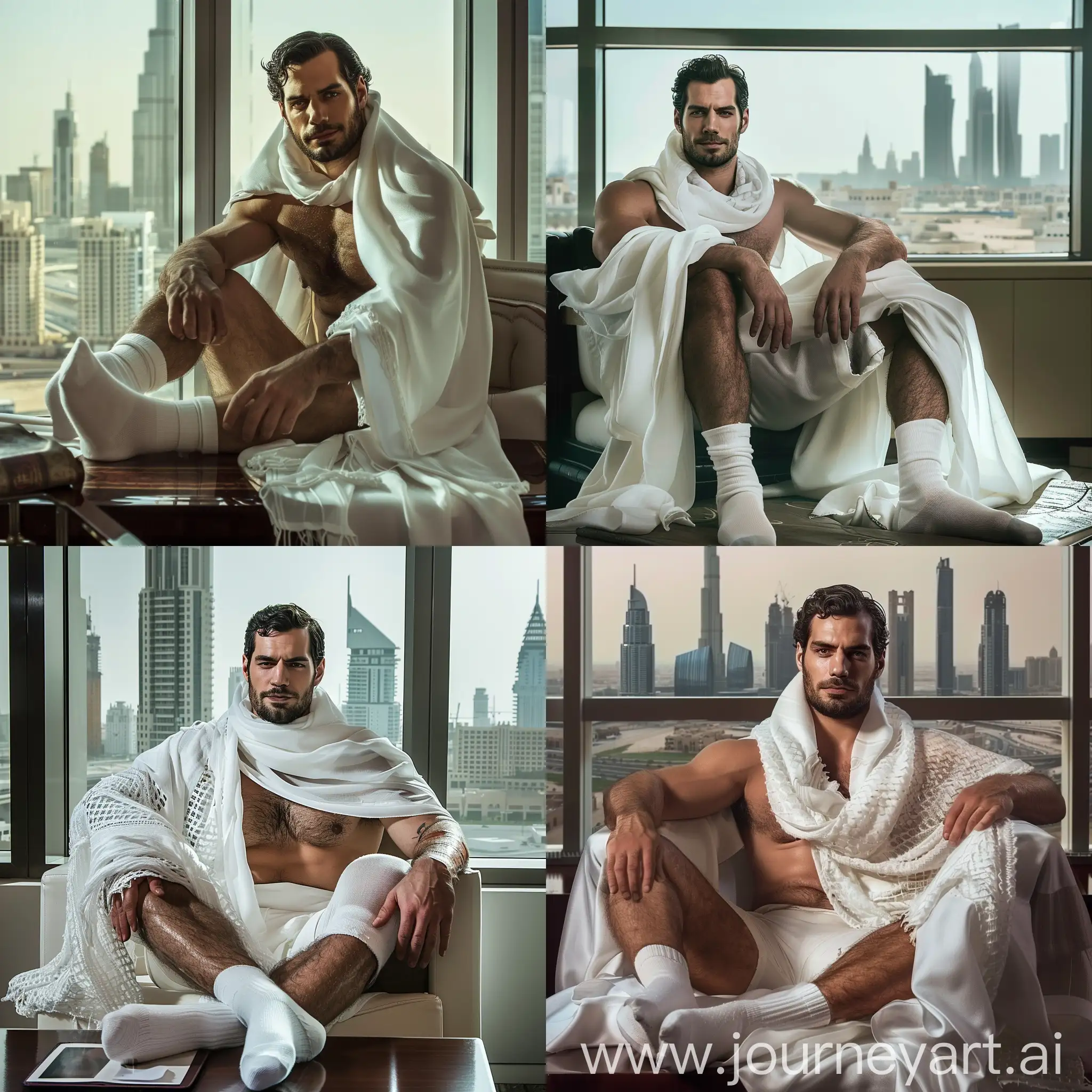 Good looking fit arabic Henry Cavill wearing a white keffiyeh and a white thoub, muscular Burly hairy body, hairy chest, Bearded handsome Henry Cavill face, sitting on a armchair with his legs stretched resting on a table, wearing white socks, with his white sock soles resting on a table, An office window view in the background of a city, Dubai city in the background, cinematic lighting