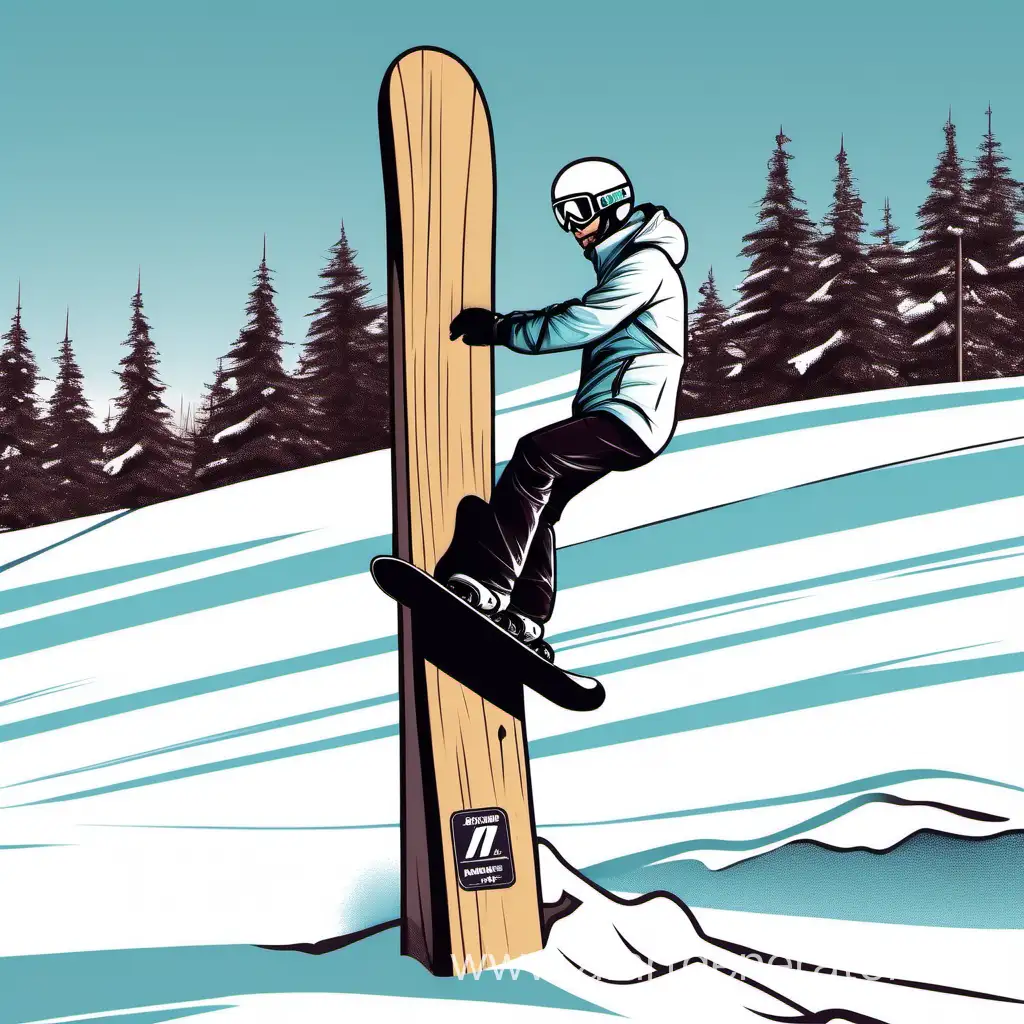 snowboardman climbs on a wooden post on a poster to an event on a ski resort