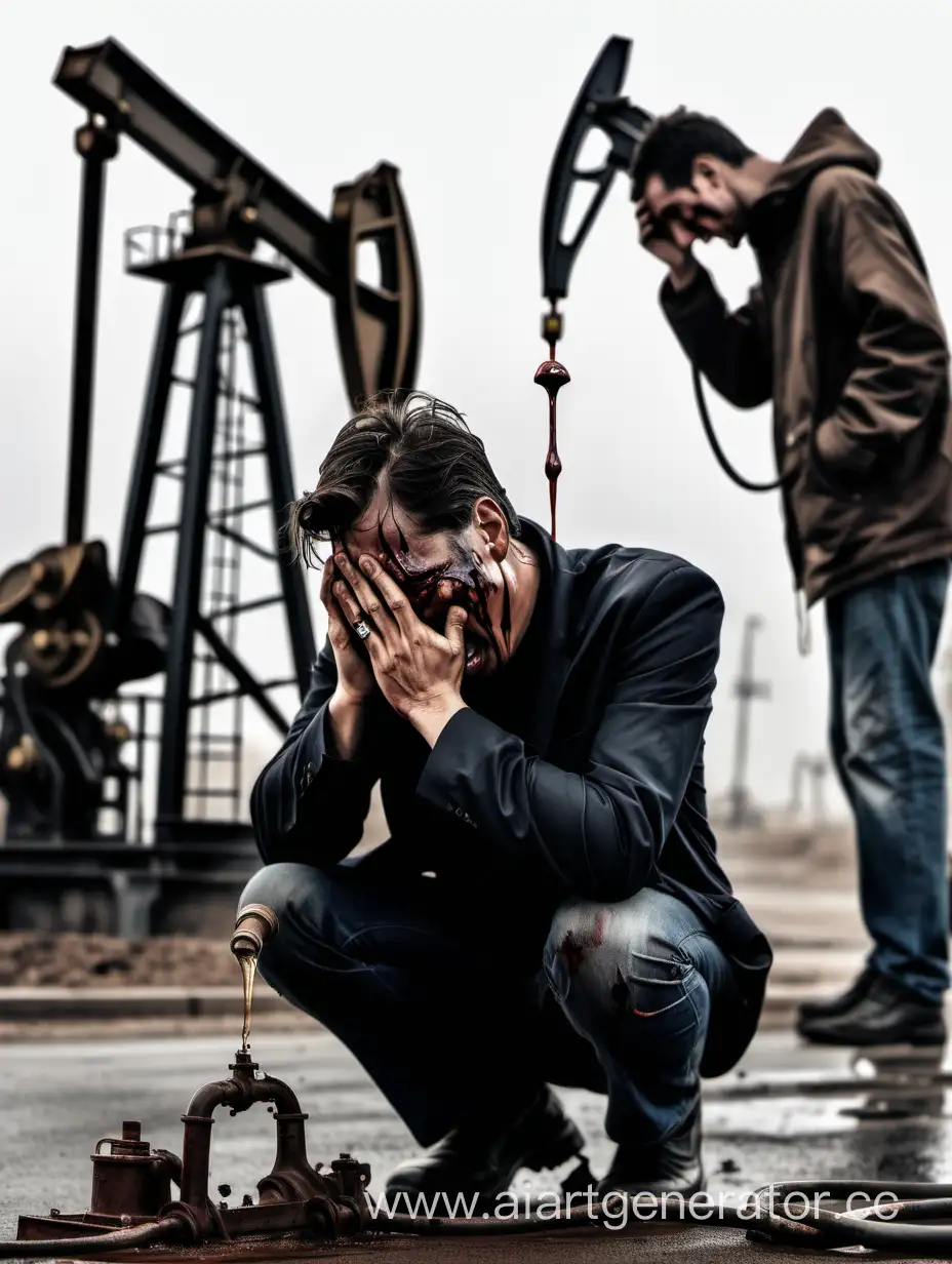 Emotional-Person-Crying-with-Oil-Pump-Background