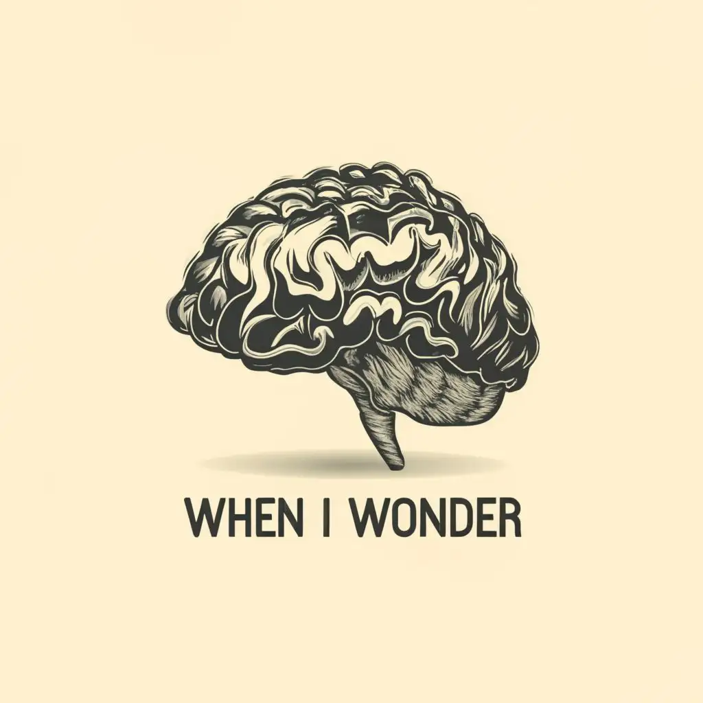 logo, A brain wearing a tinfoil hat, with the text "When I wonder", typography, be used in Entertainment industry