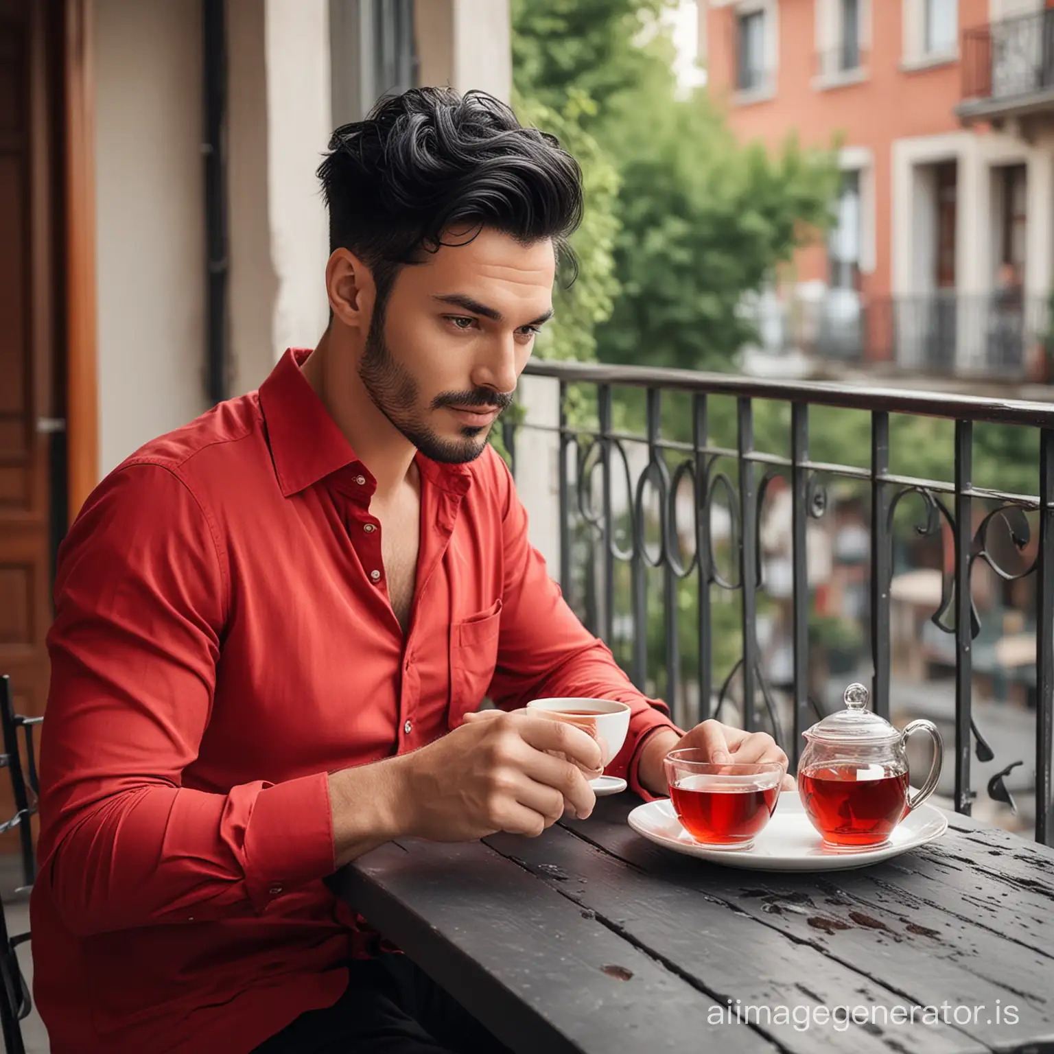 Stylish man with black hairs in balcony and red tea on the table