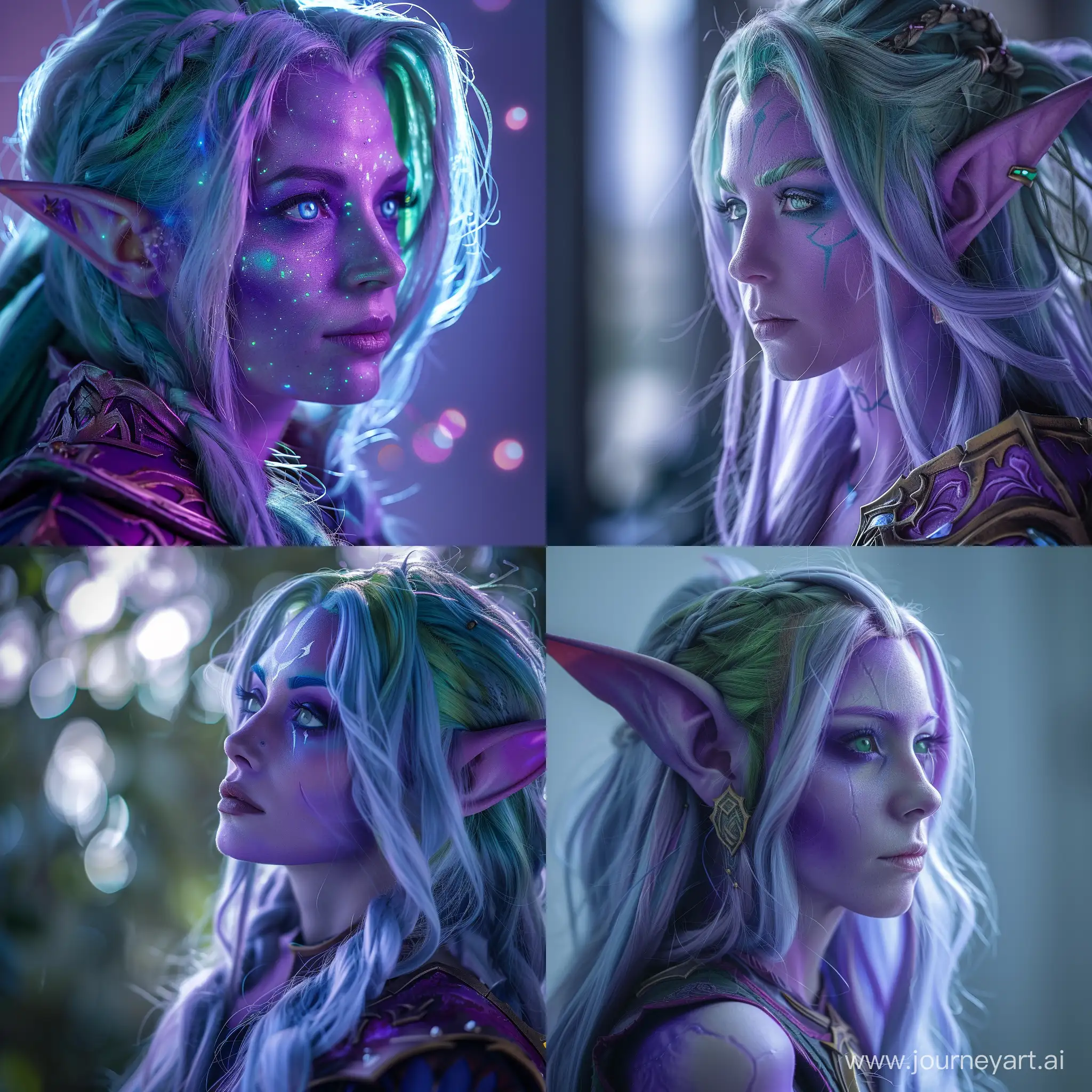world of warcraft Tyrande Whisperwind character, light-purple skin, blue-green hair, hyber detailed, modelcore, portrait photo. use sony a7 II camera with an 30mm lens fat F.1.2 aperture setting to blur the background and isolate the subject. use distinctive lighting on the subjects shot. The image should be shot in ultra-high resolution. --v 6