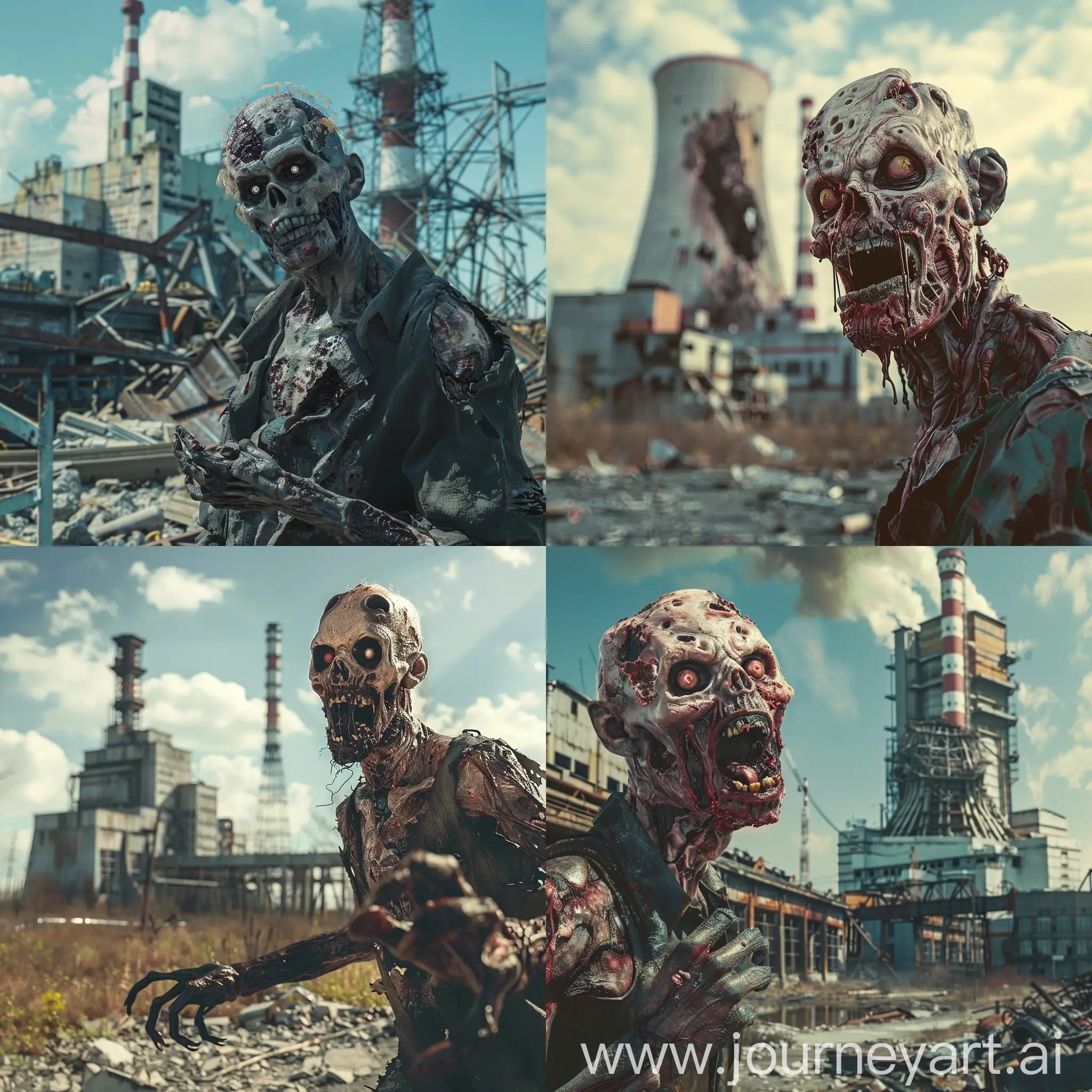 A radioactive zombie against the background of a destroyed nuclear power plant