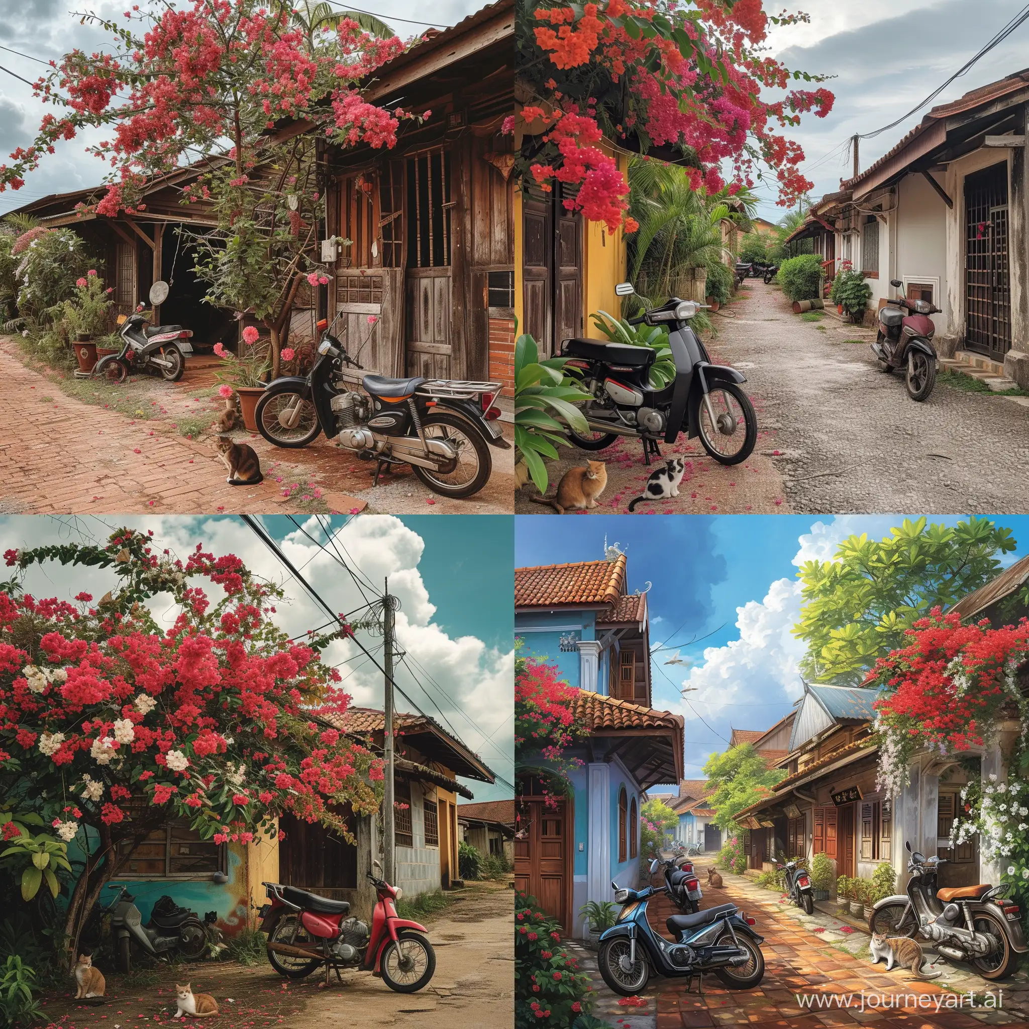 Scenic-Malay-Village-Traditional-Houses-Flower-Trees-Cats-and-Vintage-Motorcycles