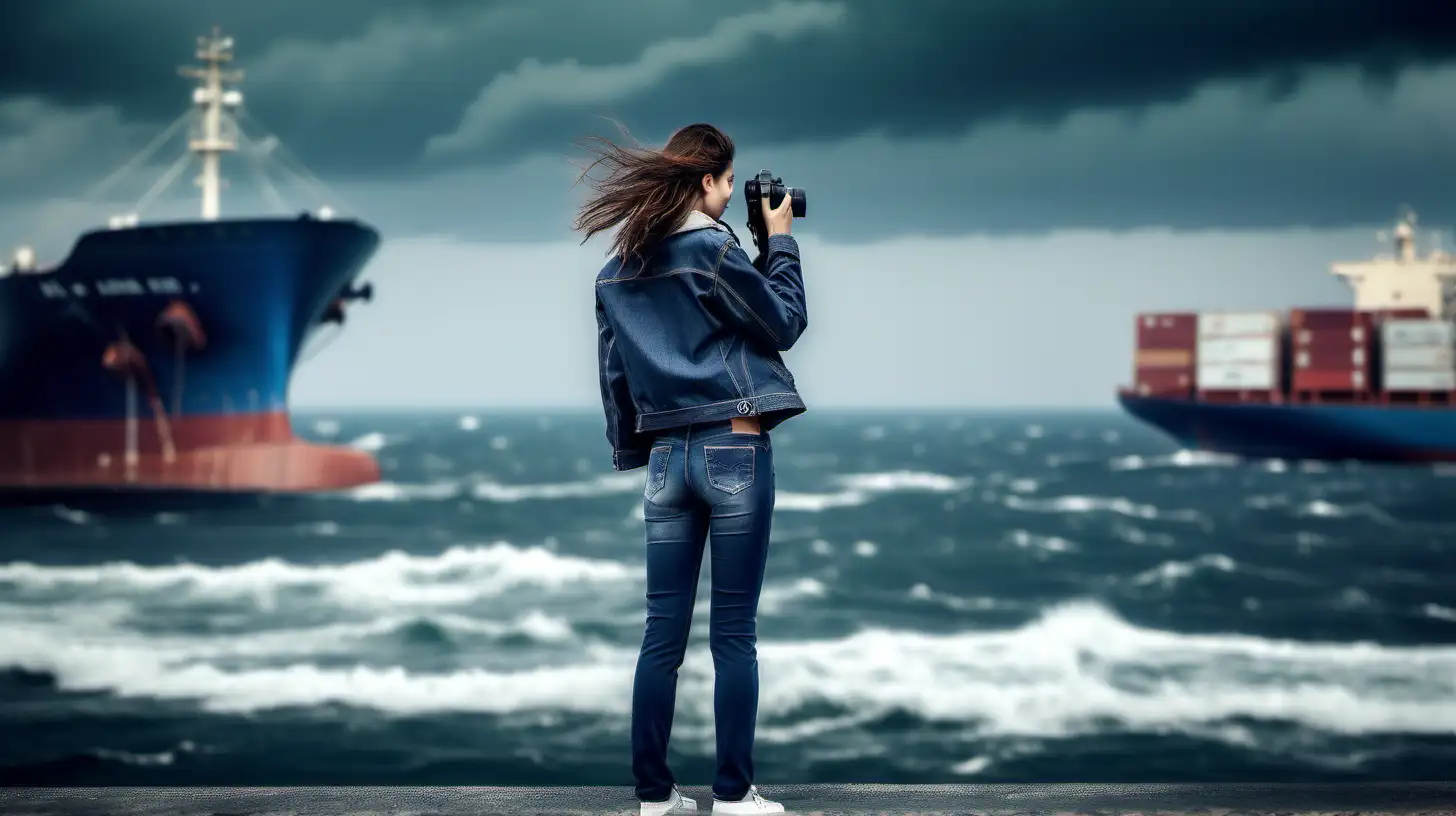 
real_photo_beauty_girl jacket jeans pants camera photograph alone and watching side ships entering in port front sea in storm horizon ships near  wind 