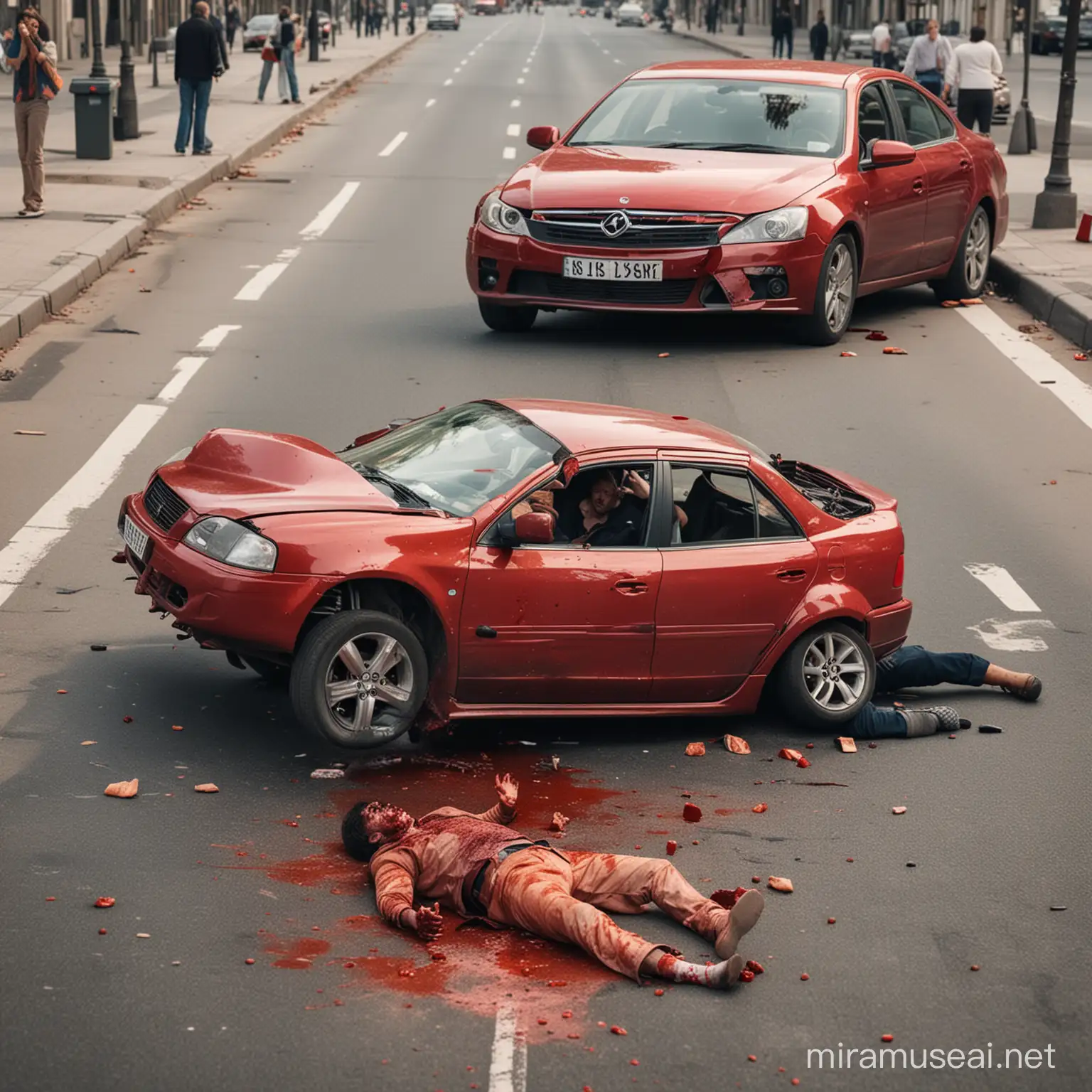 loo pilt, millel on kujutatud rasket autoavariid. lisa õnnetusse inimene, kes lamab verisena tänaval.