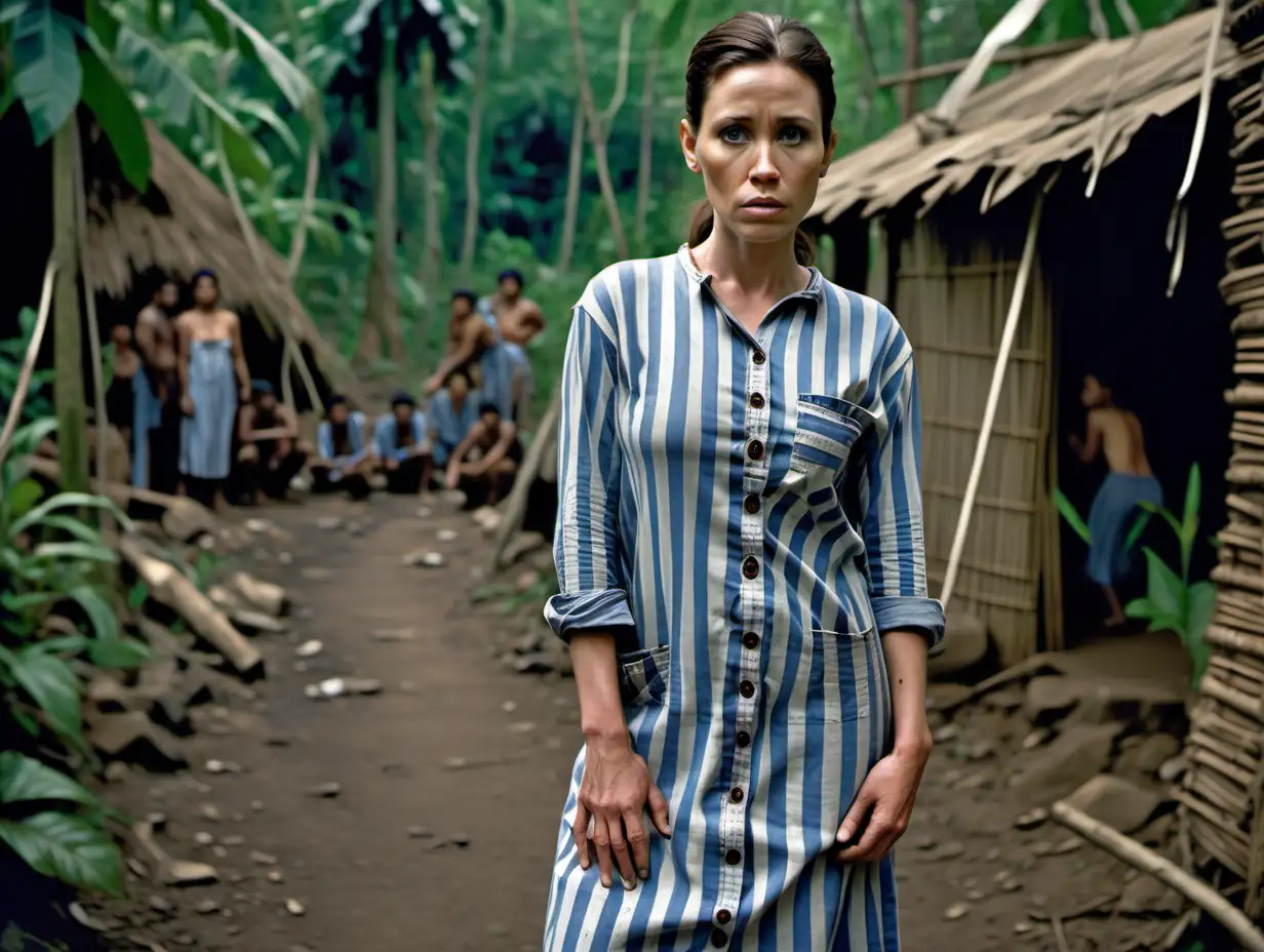 A busty prisoner woman (35 years old) stands in a jungle tribal village (captured by tribe members) in worn dirty blue-white vertical wide-striped longsleeve midi-length buttoned sackdress (a big printed "478" label on chest pocket , short brunette low pony hair, sad and ashamed), group of naked jungle tribe warriors standing around her