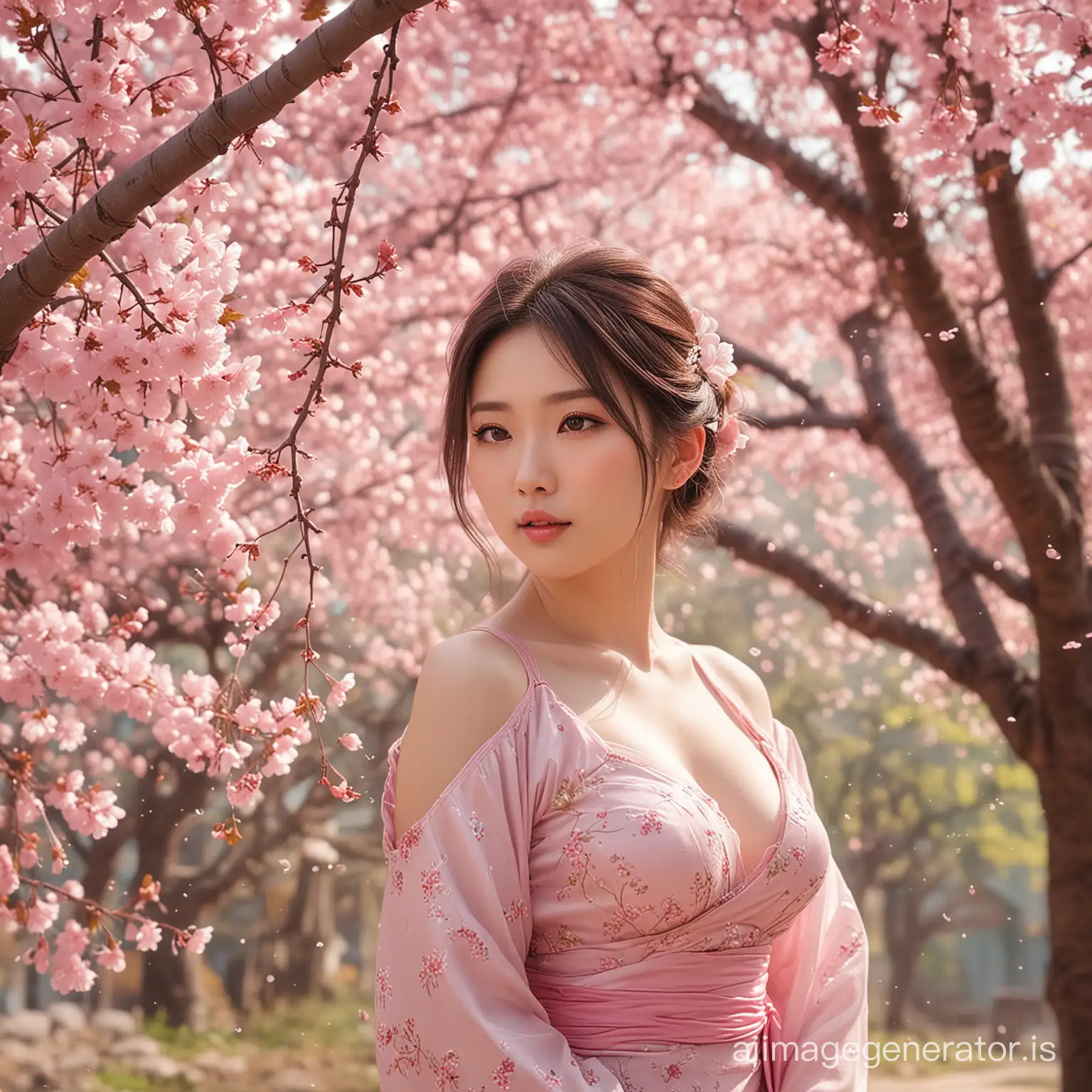a korean woman, very big breasts, firm breasts,standing under a tree with pink flowers, cherry blossom background, realistic fantasy photography, cherry blossom petals, beautiful aerith gainborough, cherry blossoms blowing in the wind, beautiful fantasy girl, cherry blossoms, cherry blossoms, cherry blossoms in the background, cherry blossoms, get lost in a dreamy fairy landscape,” beautiful anime woman, ethereal fairy tale, by Anna Katharina Block