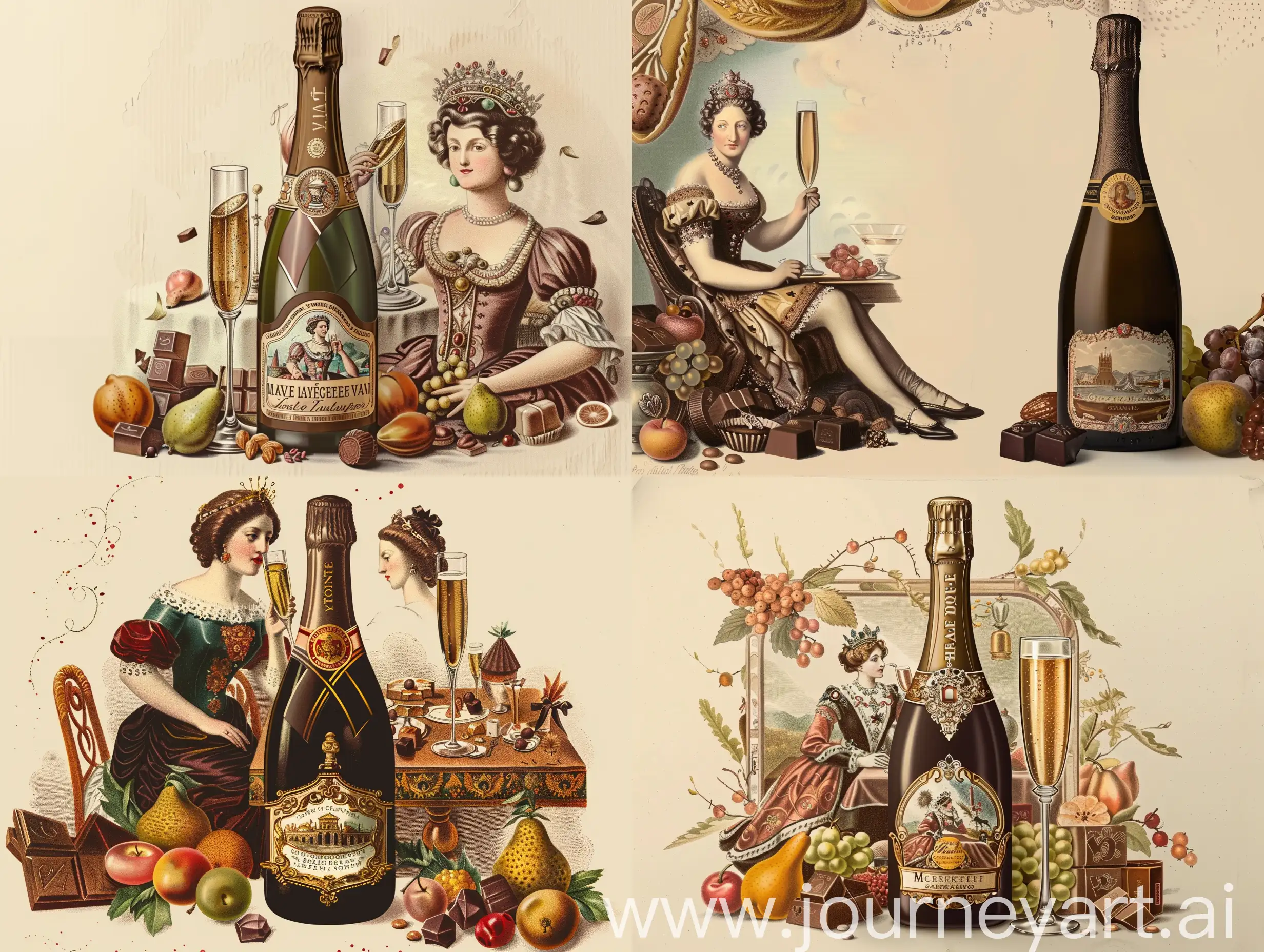 Vintage illustration: A bottle of champagne in the foreground, the label depicts the queen of ancient Austria sitting at a table and drinking champagne from a tall glass, in the background the queen sits at a table in profile with her head thrown back and holds a glass of champagne in her outstretched hand, around the ornament is nuanced from chocolates, fruits, vintage style, flat illustration, colored afort, on a background of light beige print paper
