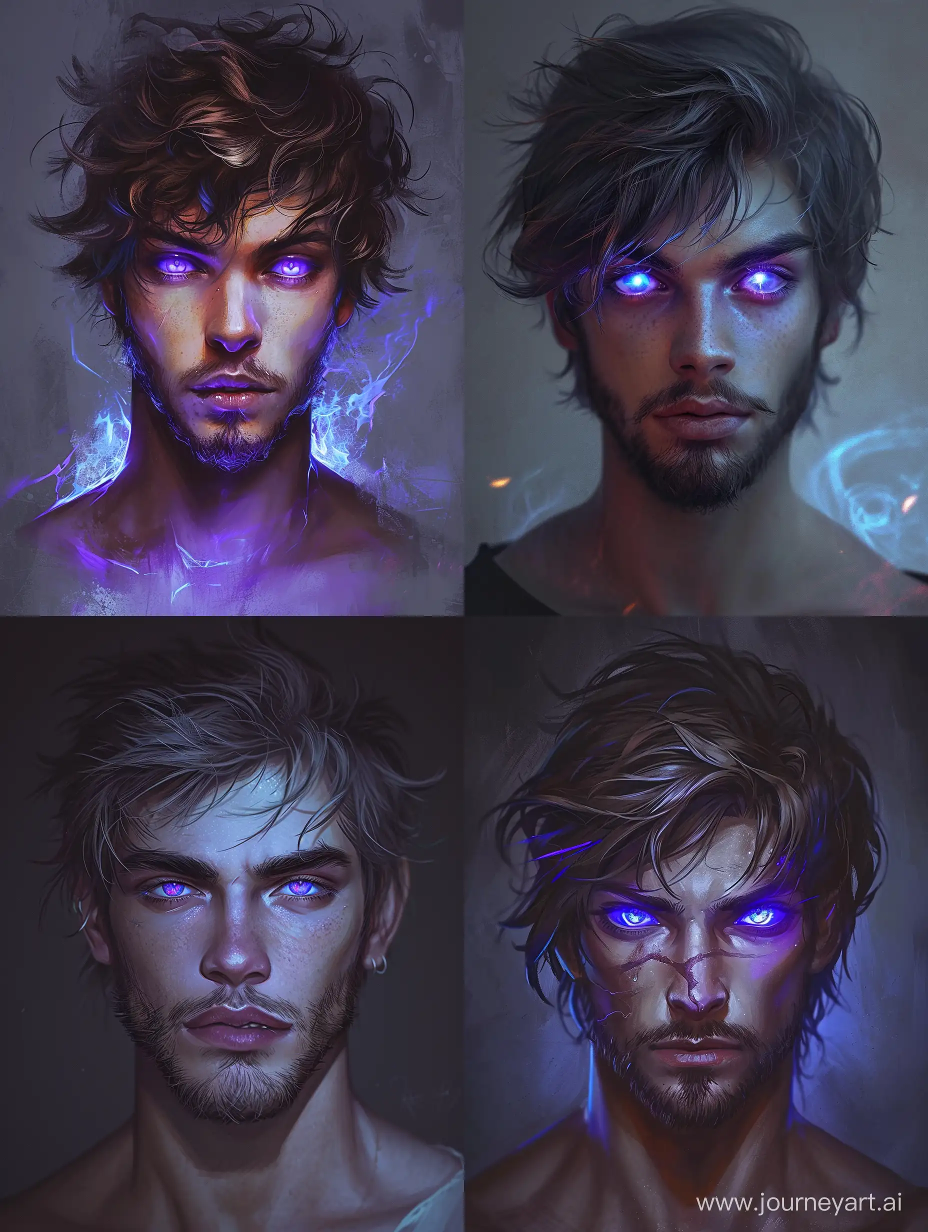 Dark Fantasy, An 18-year-old man with ashen hair, 180 cm tall, athletic build, luminous blue-purple eyes, and with a small beard