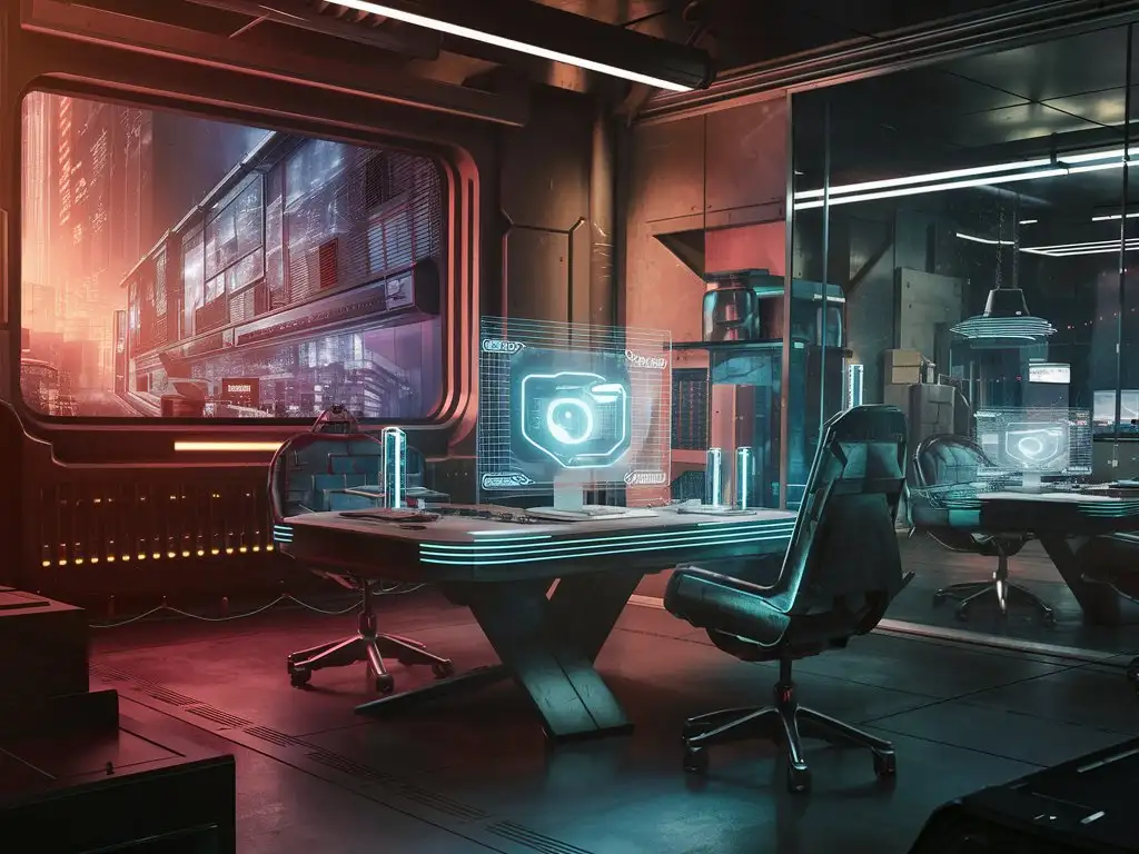 Futuristic-Cyberpunk-Office-Scene-with-Cityscape-View-Through-Window