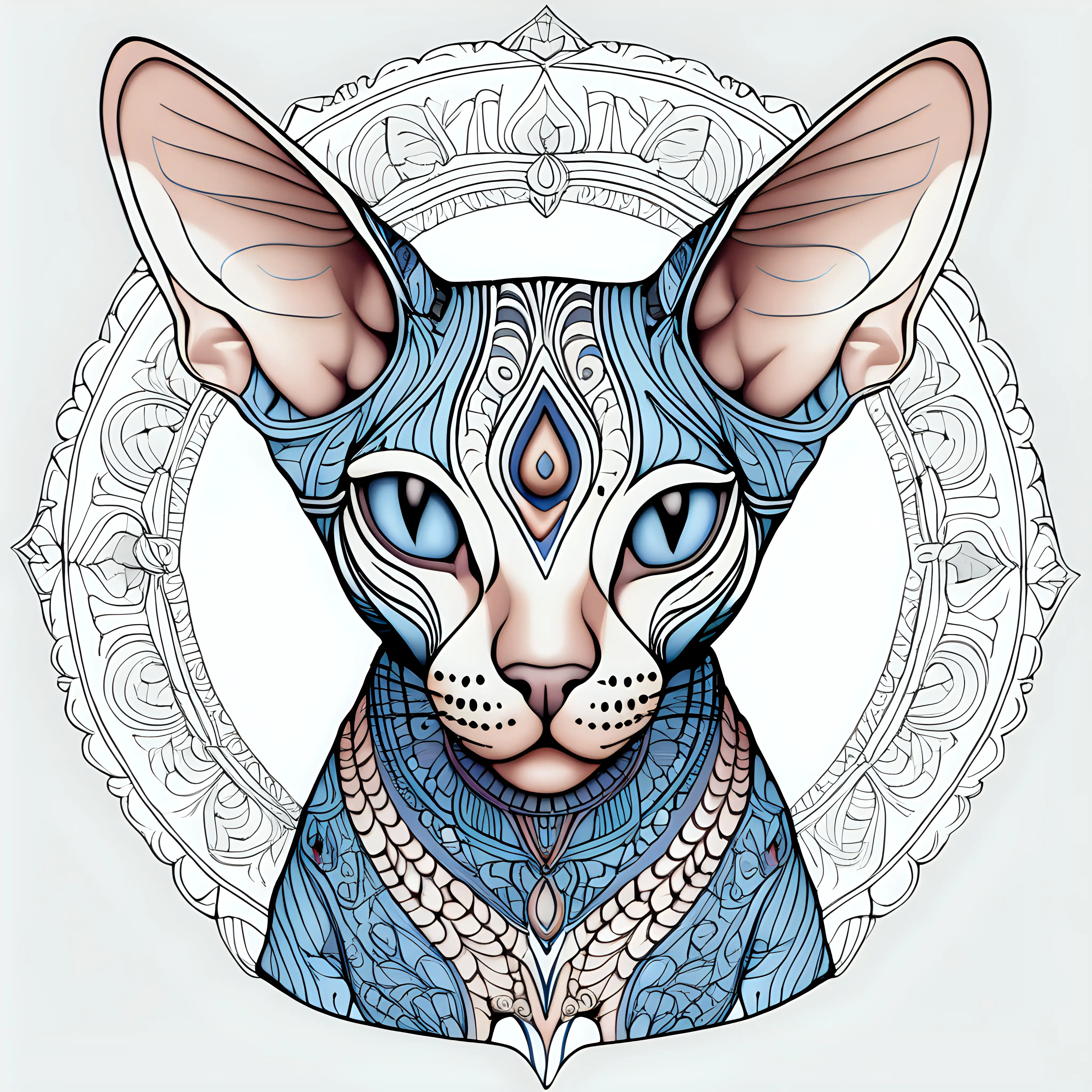 Sphynx Cat Mandala Intricate Vector Artwork in HD with Simple Colored Details on White Background