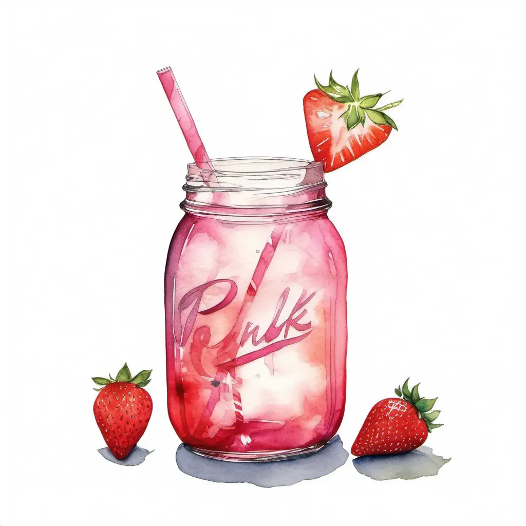 Hand Painted Watercolor of Refreshing Pink Drink with Fresh Strawberries in Mason Jar