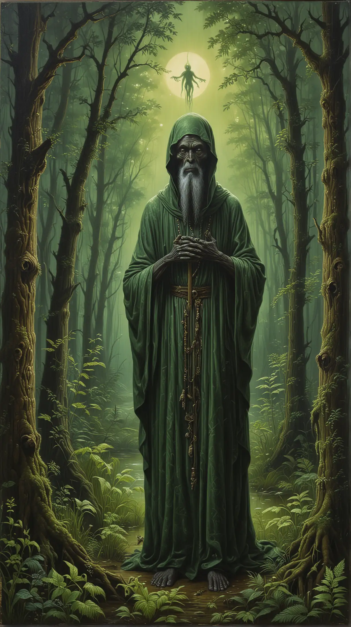Forest Mysticism, Slavonic style Orthodoxy Icon::3 old icon master tempera painting of black skin Alien as green dressed holy swamp hermit::0.22 holy forest and inscriptions::3
