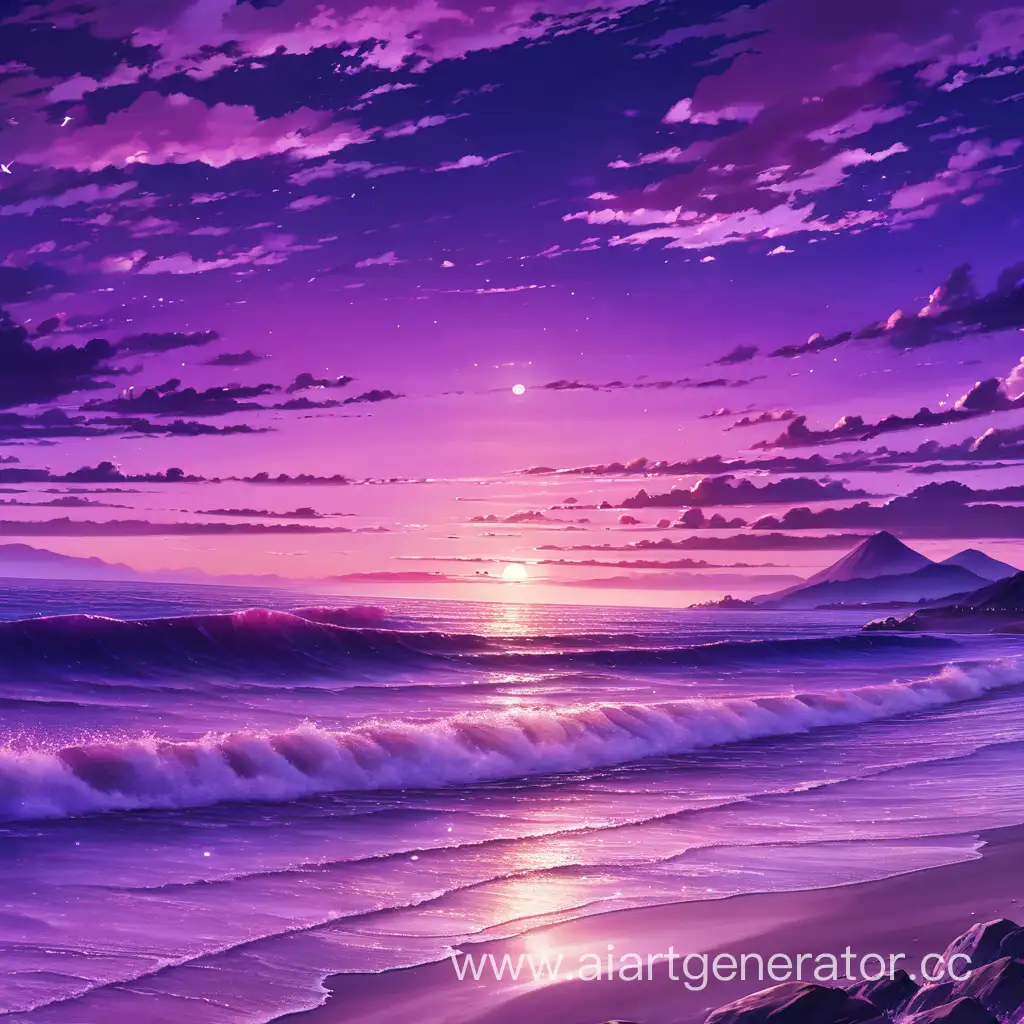 фиолетовый закат на море аниме