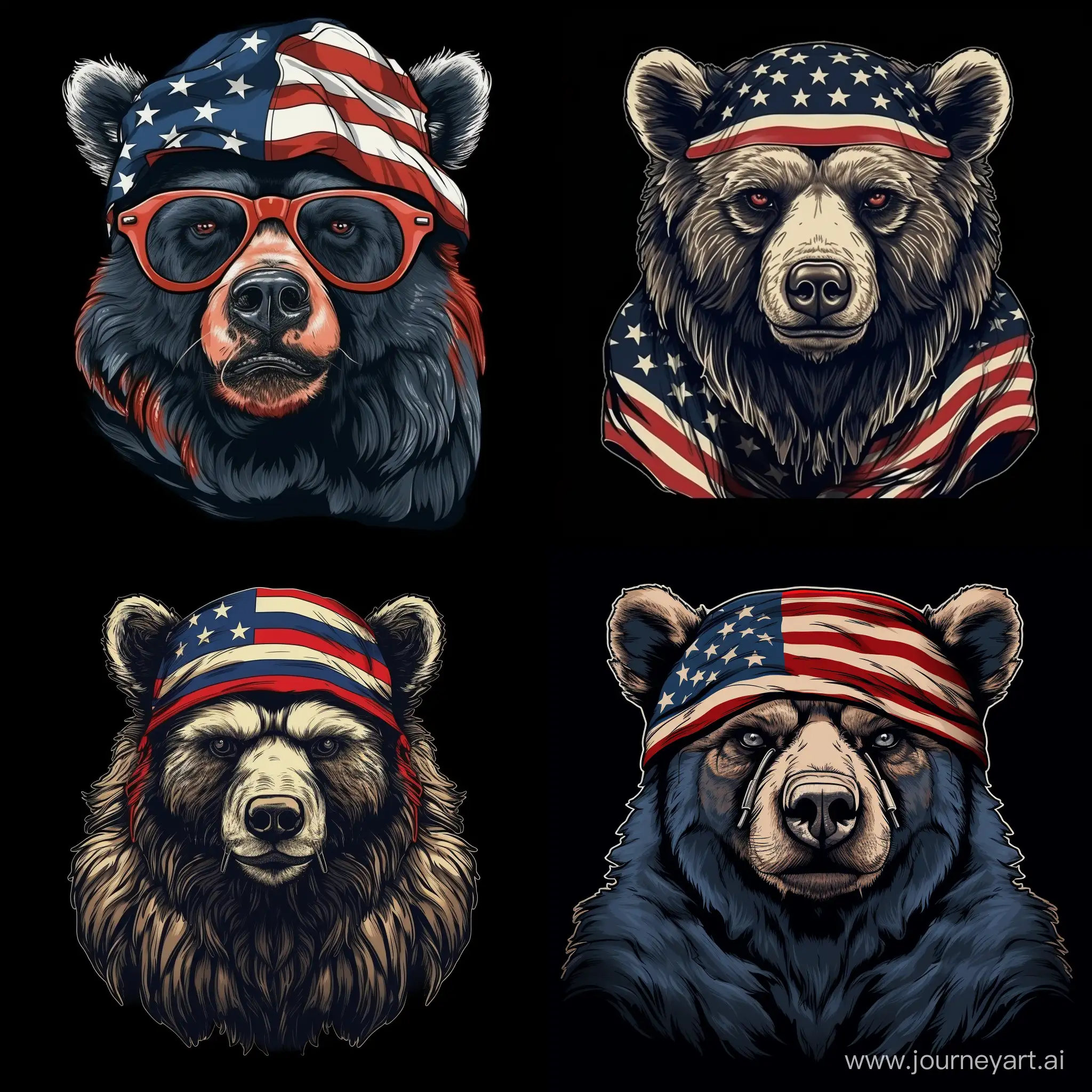 T-shirt print vector bear with an American flag tied 
in a bandana on its head on a black background 