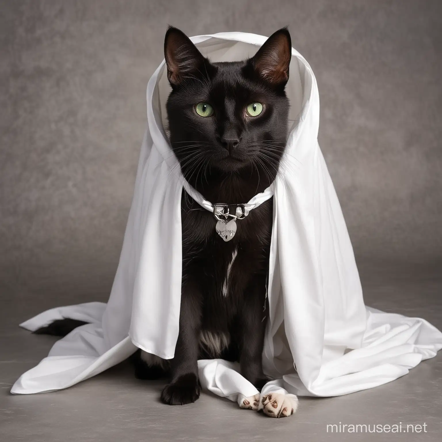 Mysterious Black Cat Wearing a White Cape and GreenEyed Dog Body
