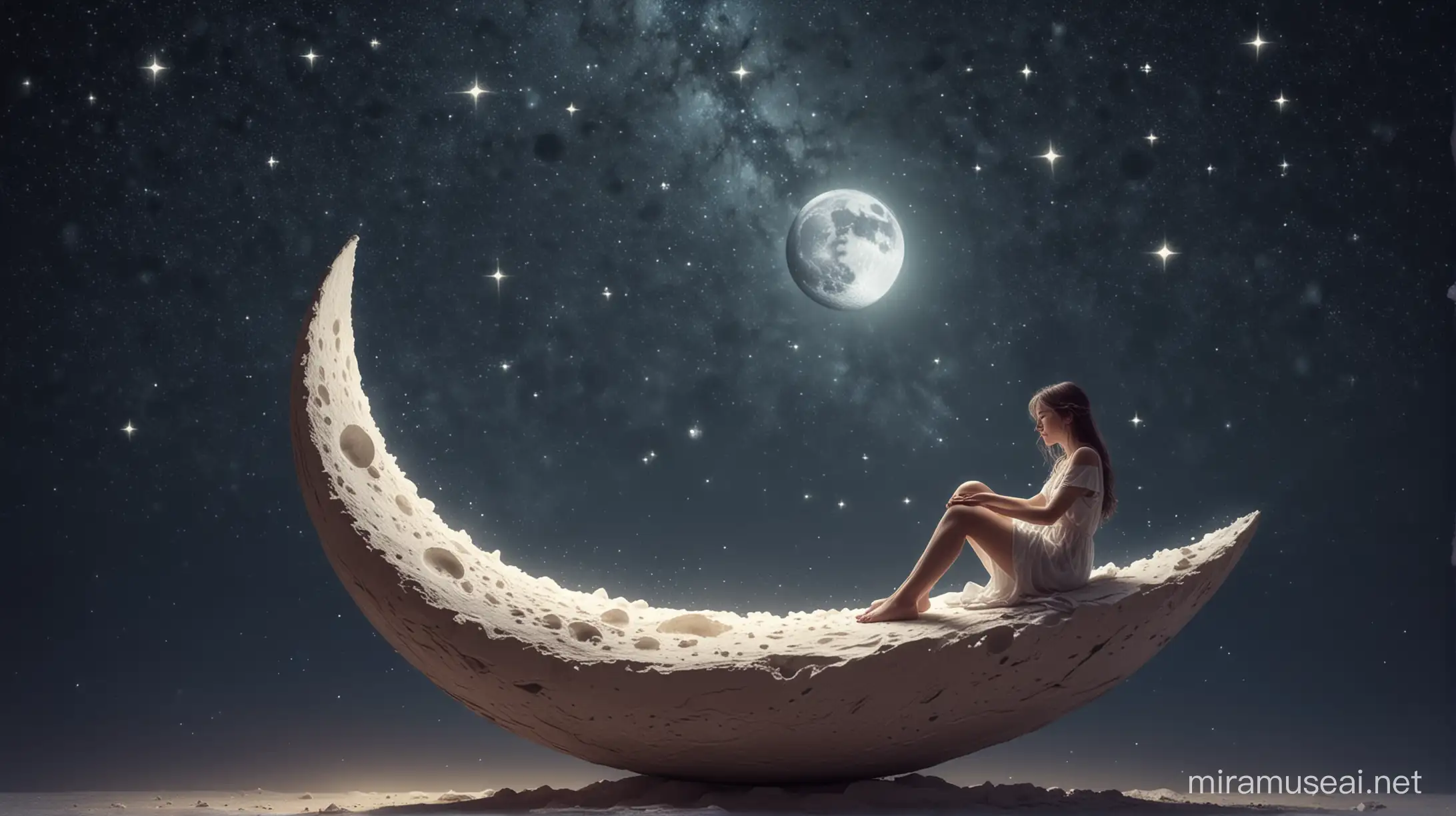 a girl is sitting serene on  a slice of moon,stars are all around delicate tones,serene atmosphere