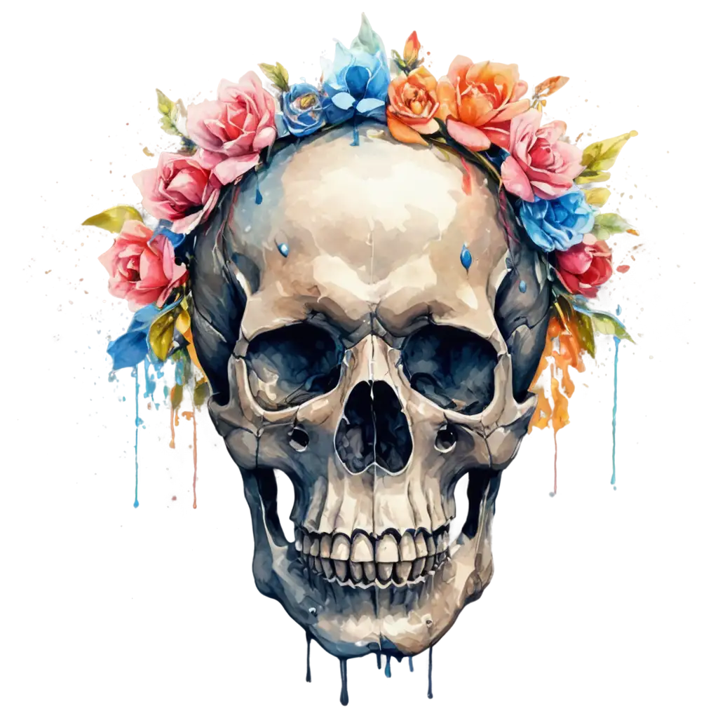 illustration of a skull wearing a flower crown, watercolor, lots of colored dripping paint


