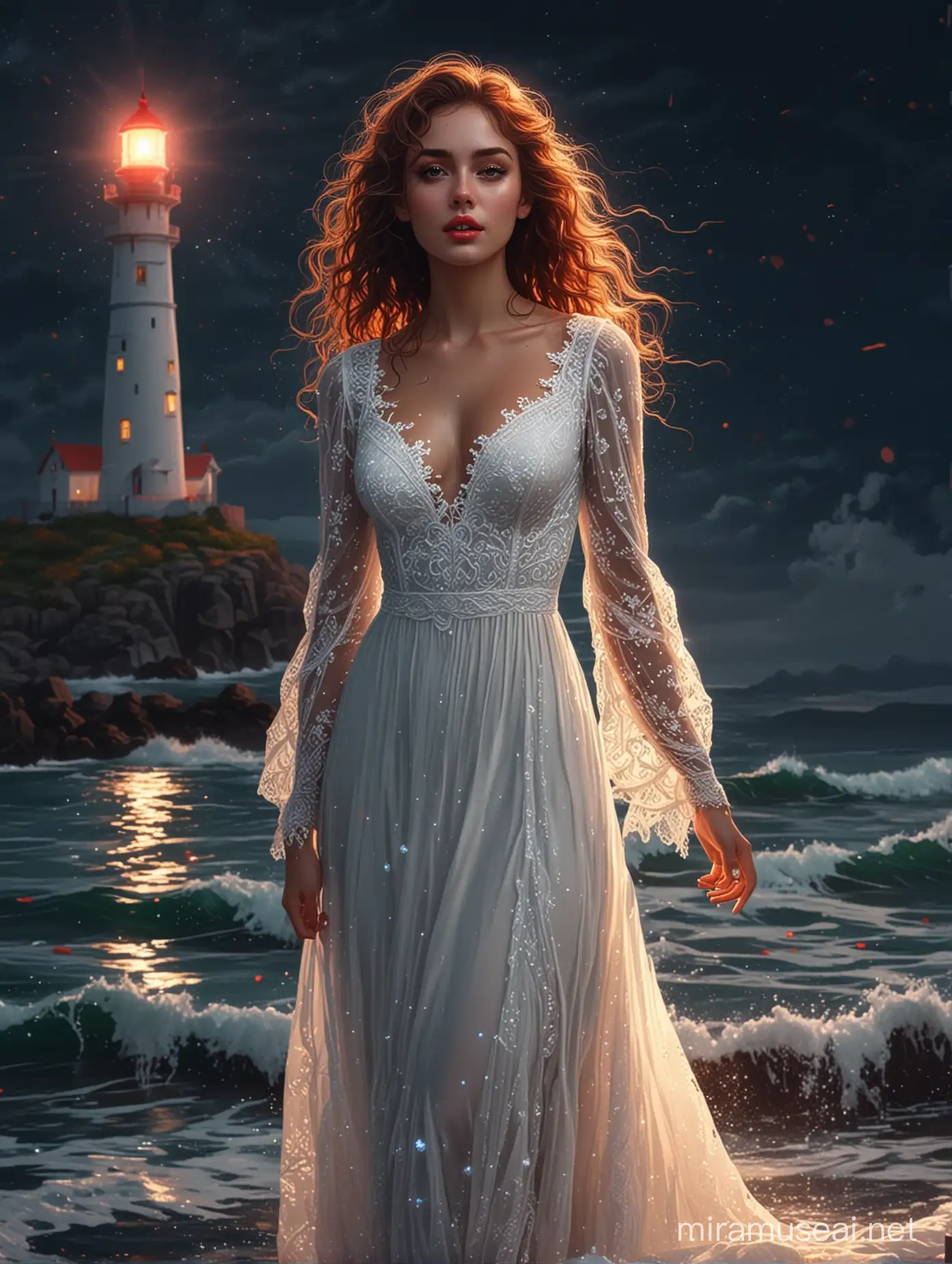 Pixel art,Aivision,a woman with very prety eyes, red full lips,, beautiful face,very curly browen hair in a long gown, in glitter white long Lace with sleeves ( neon color) standing into the water, she slowly fades away into windy dust, you see a lighthouse in the background, the water is very sparkly, neon colors, lighting, dark night