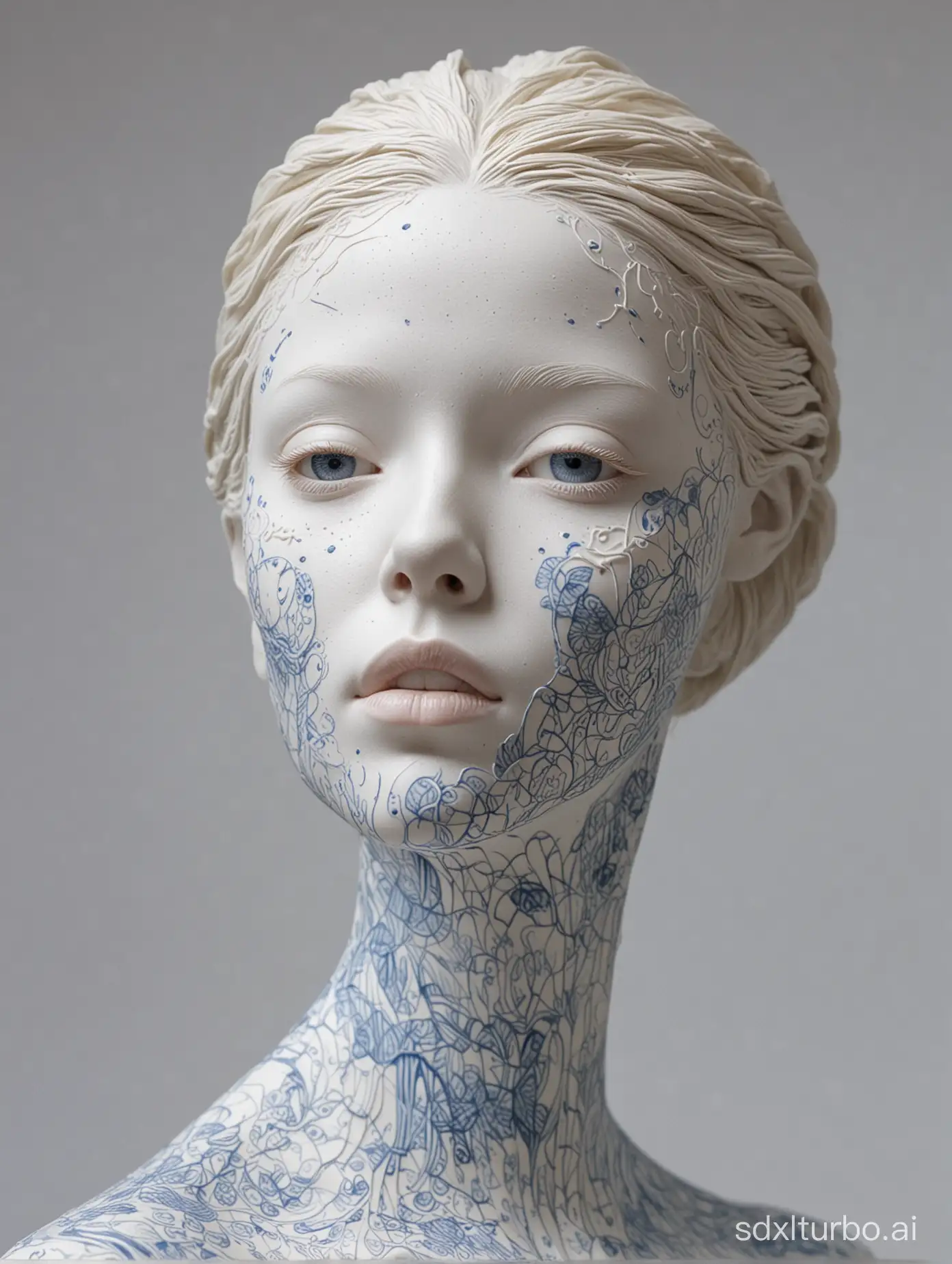 Elegant-Porcelain-Woman-Sculpture-in-White-and-Blue-with-Intricate-Facial-Details