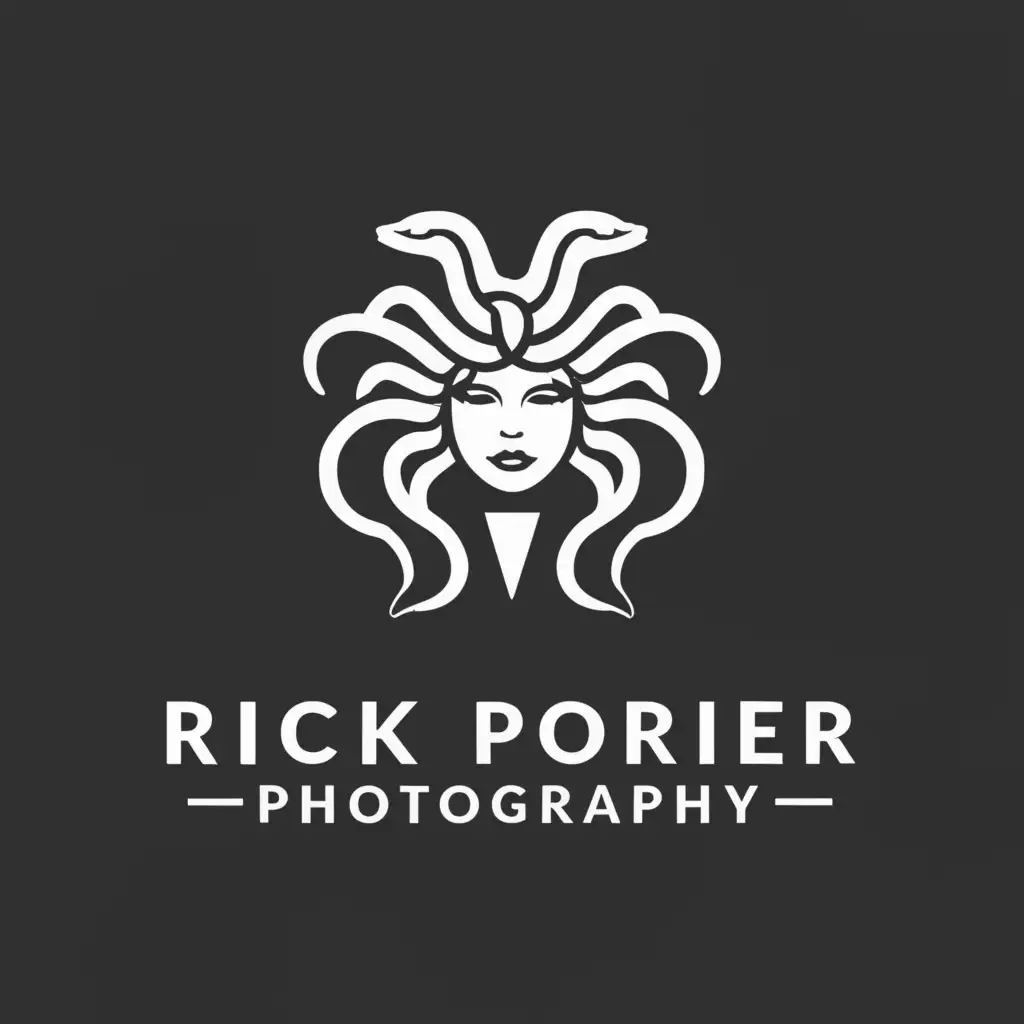 a logo design,with the text "Rick Porier Photography", main symbol:Stylized Medusa Head,Moderate,clear background