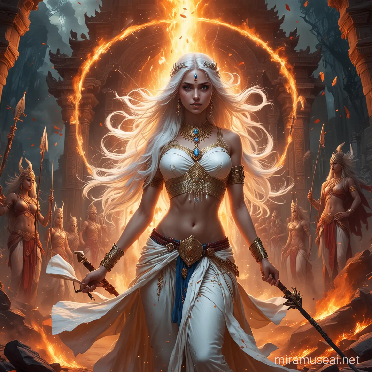 Powerful Hindu Empress Surrounded by Fire and Cosmic Energy in Battle