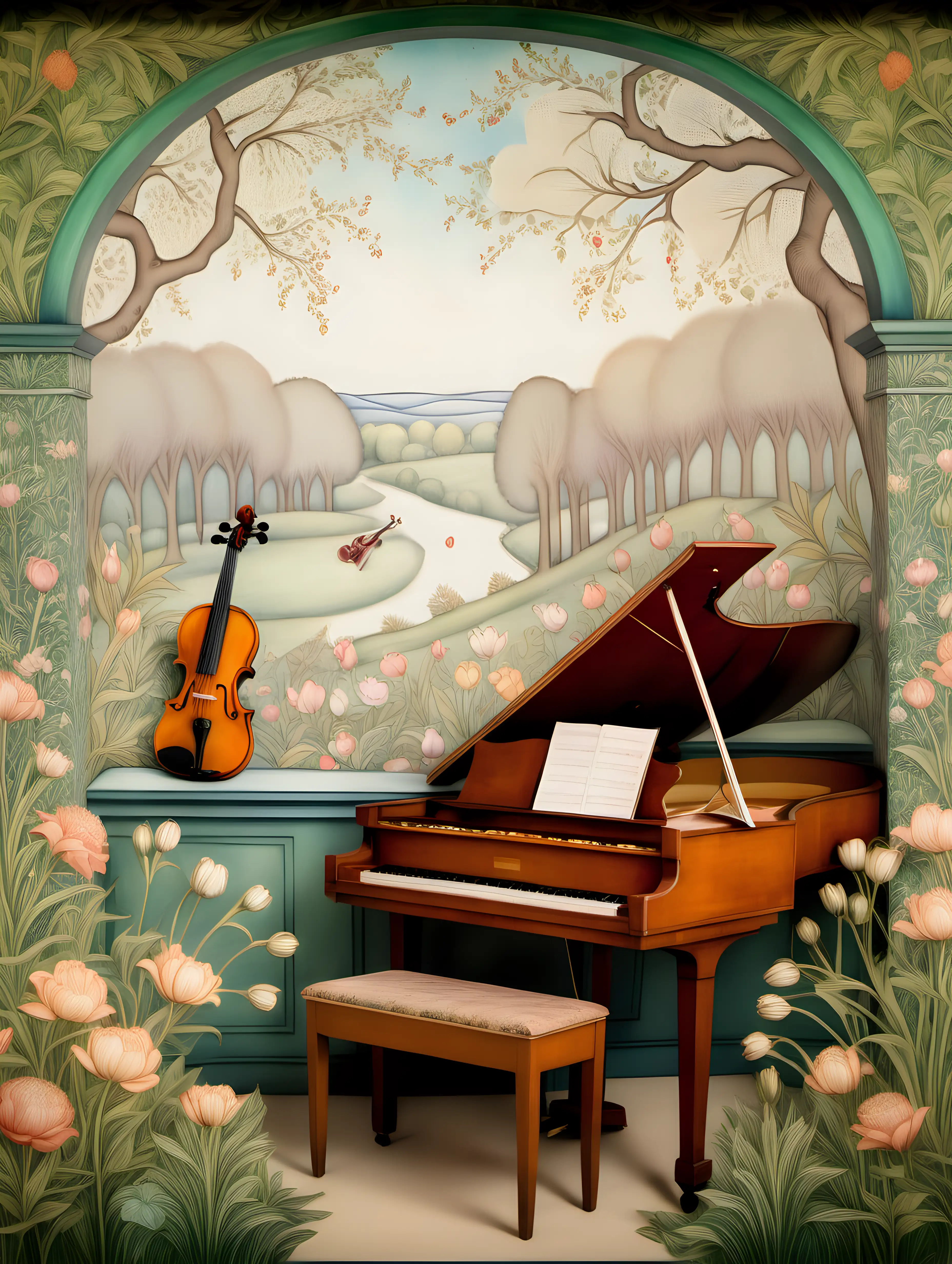 Dreamy William Morris Style Painting of Flowers with Violin and Piano in Spring Setting