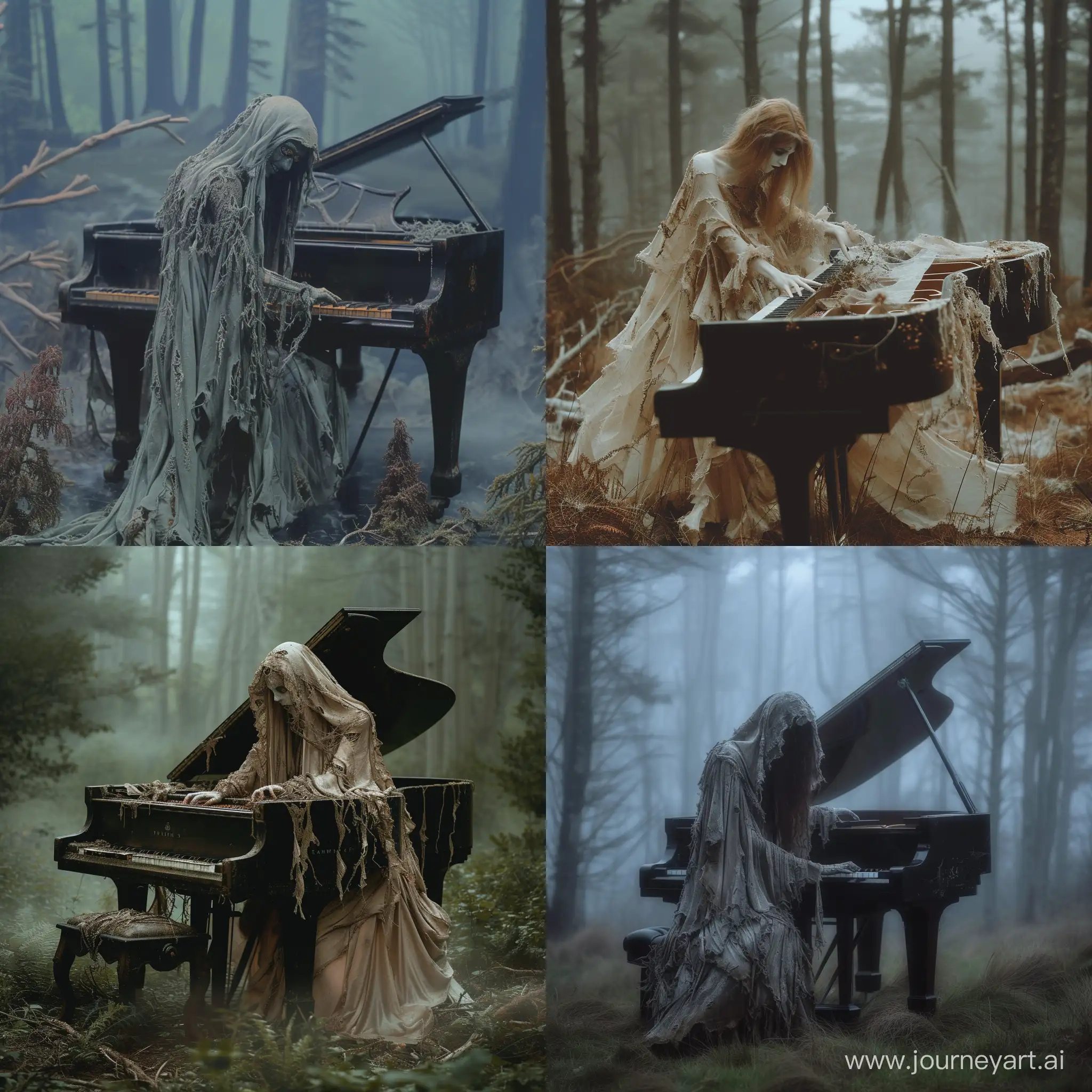 Ephemeral, ghostly apparitions of a beautiful spectral woman, dressed in flowing, tattered garments playing a grand piano in a creepy misty forest, attention to detail, taken on provia 