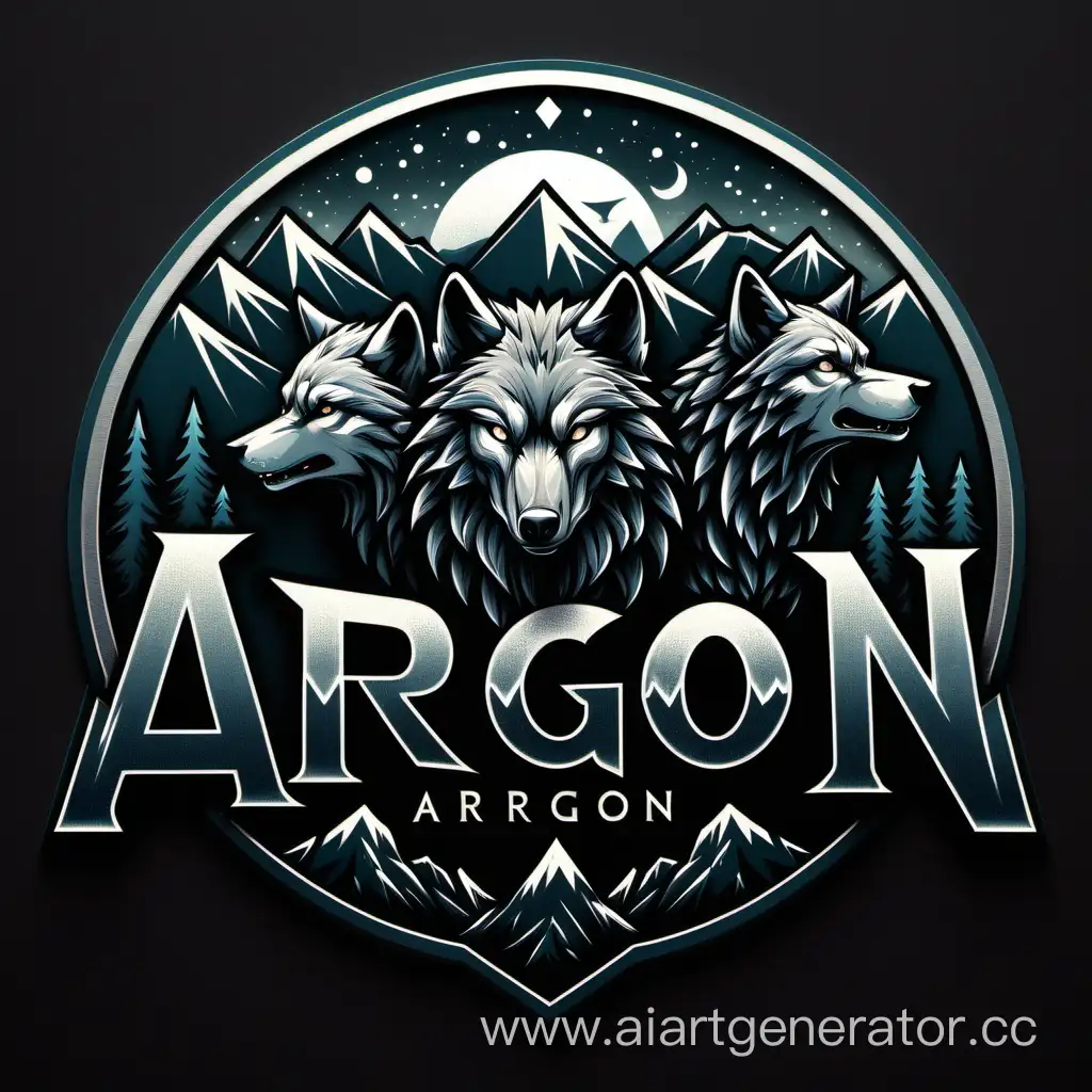 Эмблема в  очень тёмных цветах с название argon, горами и волками
