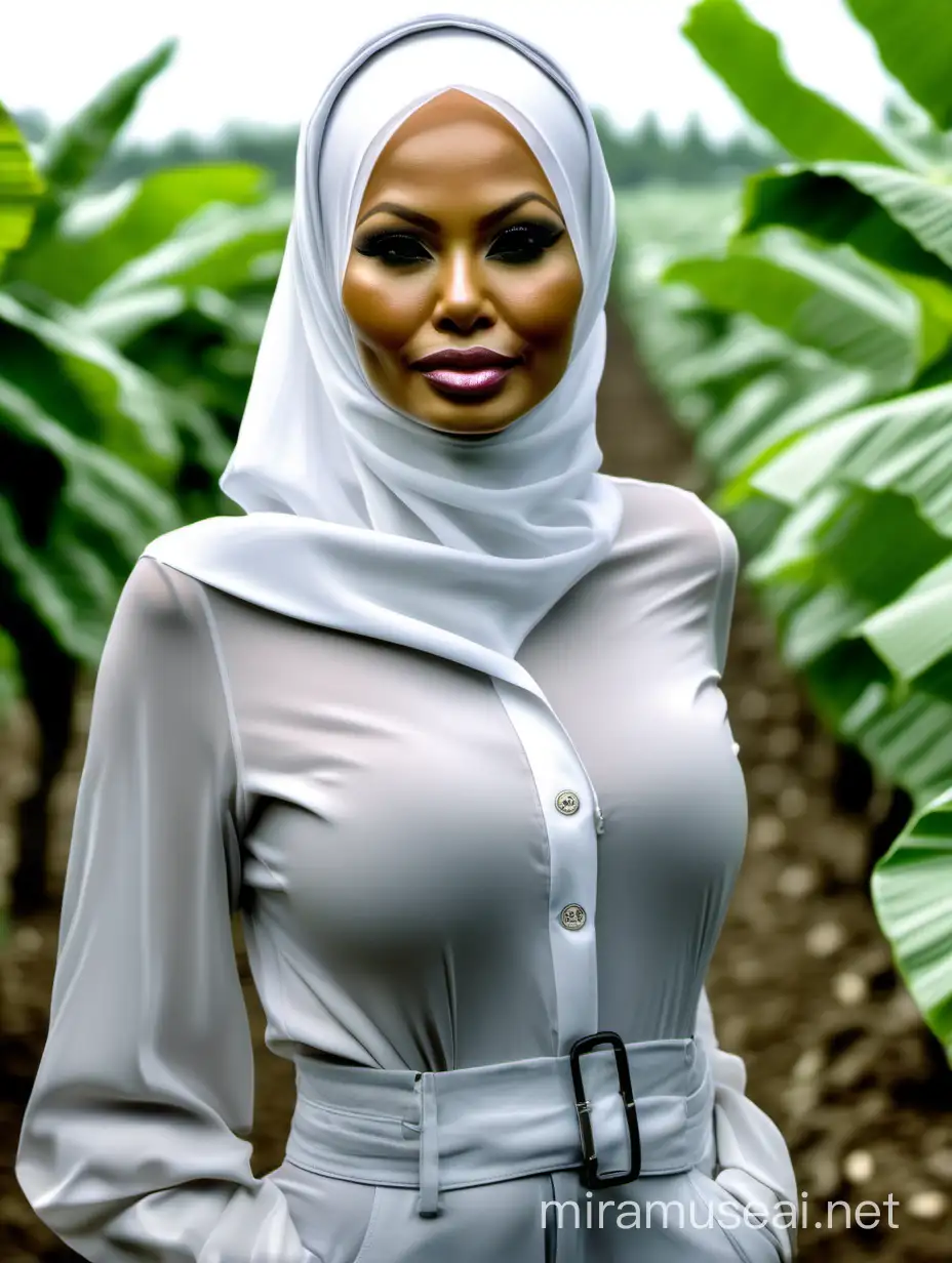 wanita hijab indonesia berwajah seperti pamela anderson. berbibir tebal, lebar dan sexy. riasan make up tebal.

Memakai transparan jumpsuit ketat putih, abu abu.
berjalan di sebuah kebun pisang
