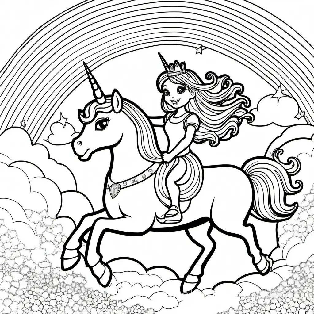 Princess riding a magical unicorn through a rainbow-filled sky., Coloring Page, black and white, line art, white background, Simplicity, Ample White Space. The background of the coloring page is plain white to make it easy for young children to color within the lines. The outlines of all the subjects are easy to distinguish, making it simple for kids to color without too much difficulty