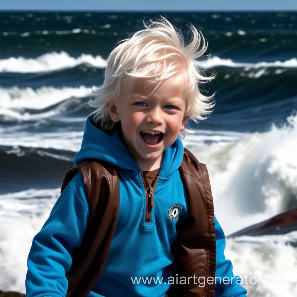 A 4-year-old boy with white shaggy hair and blue eyes, he stands in the middle of a raging sea with smile, he is wearing a blue hoodie and brown shorts