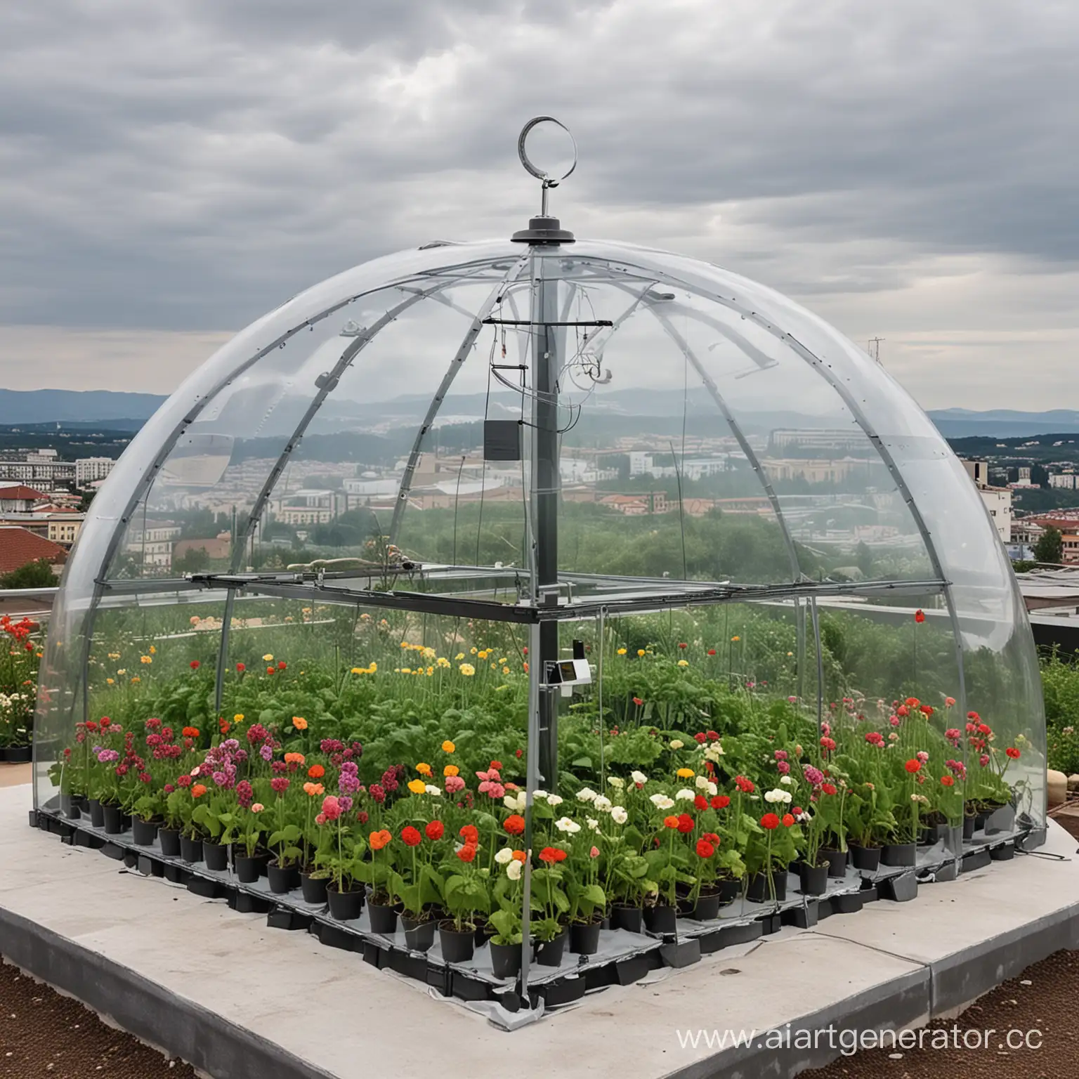 метеостанция стоит на крыше здания под стеклянным куполом, вокруг растут цветы и овощи