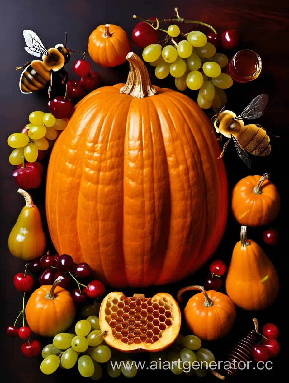 Bountiful-Harvest-Still-Life-with-Pumpkin-Honey-Bees-and-Fruit