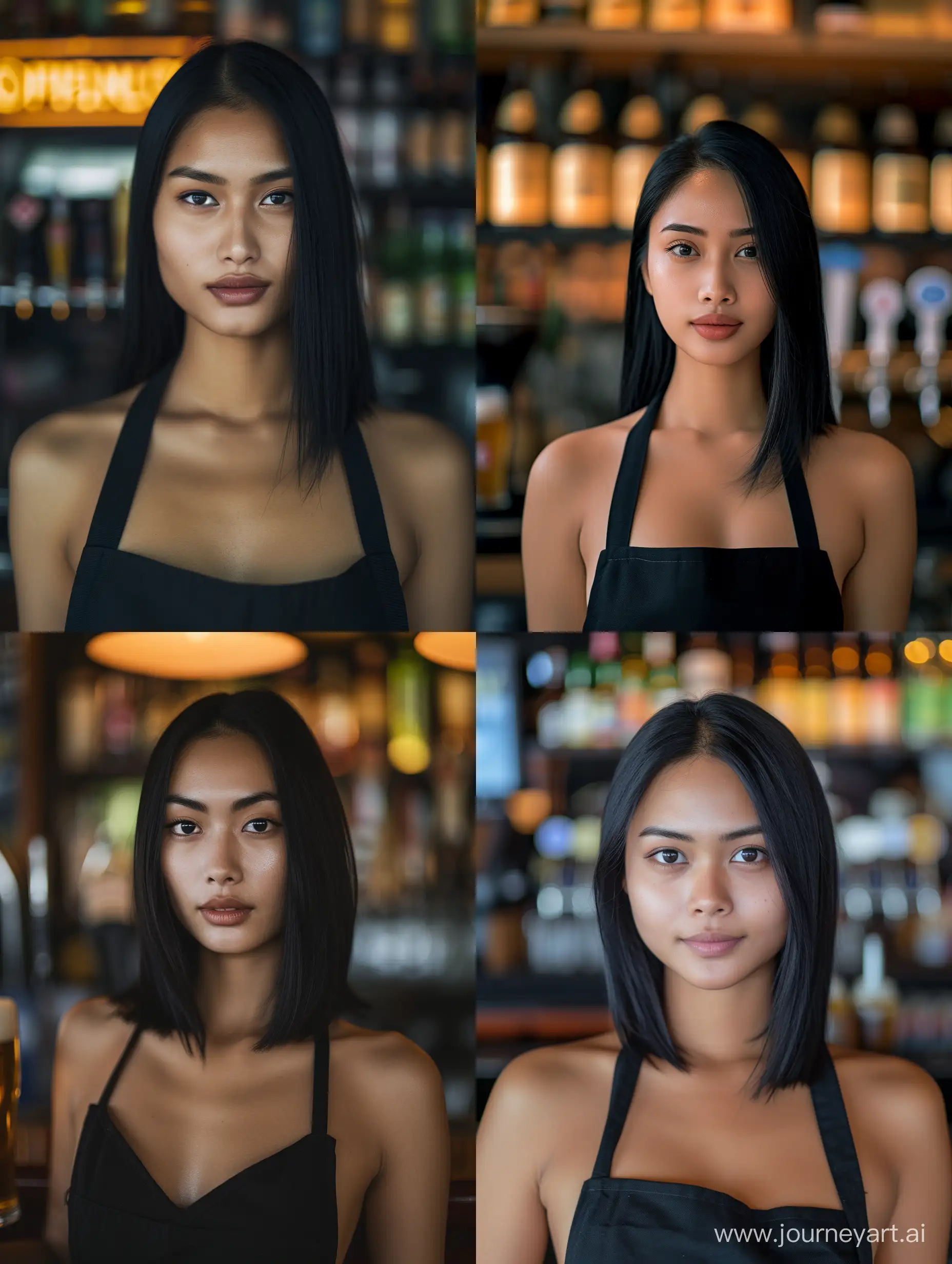 Beautiful woman (25 years old, oval and clean face, ideal body, straight and neat black hair, Indonesian skin, wearing a black apron. Behind the woman is beer. The woman is in a luxury bar located in America. Ultra HD is bright , original photo, high detail, very sharp, 18mm lens, realistic, photography, Leica camera