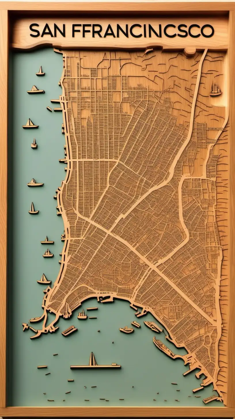 Accurate cozy wooden Map of San Francisco with locations of bookstores