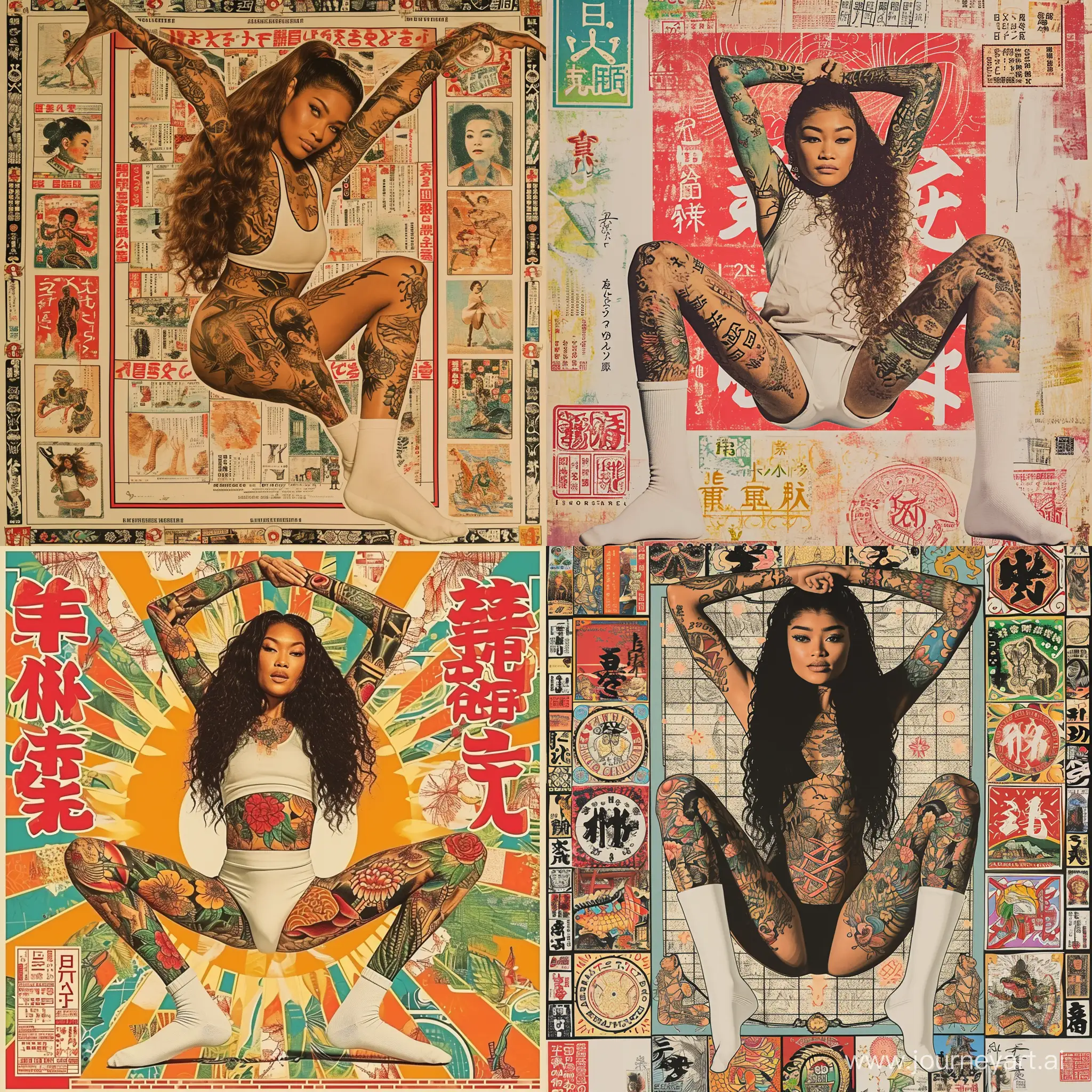 Colorful Japanese retro poster, Zendaya is stretching body, print, extraordinary expression, proud, wearing white socks on feet, covered with traditional Japanese tattoo designs, thin tattoos, strong sense of contrast, mix of avant-garde art Body