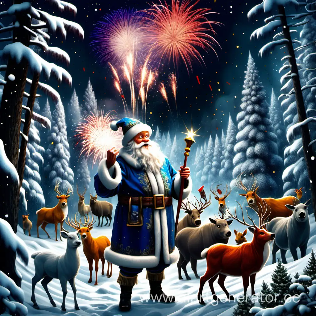 Grandfather-Frost-in-Enchanting-New-Years-Forest-with-Animals-and-Fireworks