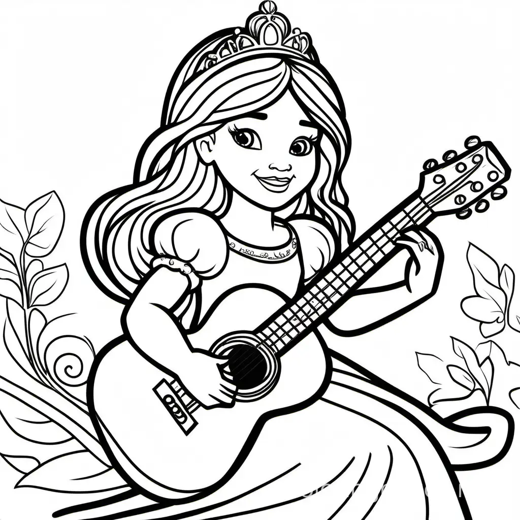 Generate me an image of a princess playing a guitar, Coloring Page, black and white, line art, white background, Simplicity, Ample White Space. The background of the coloring page is plain white to make it easy for young children to color within the lines. The outlines of all the subjects are easy to distinguish, making it simple for kids to color without too much difficulty