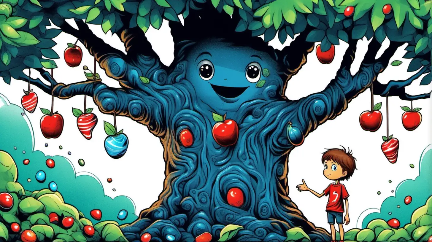 illustrate A ten-year-old brown-haired blue t-shirt boy stands next to a tree, whose fruits are little red candys. It uses tree branches as its hands and has eyes and a mouth. , in the magical forest