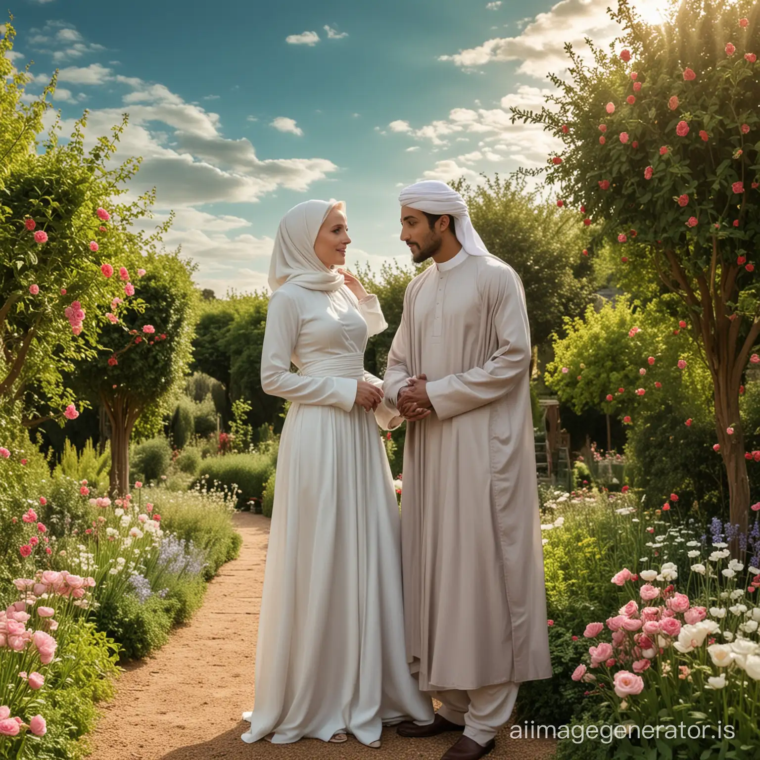 Gillian Anderson hijabi girl is standing in a garden with a beautiful Muslim boy in a hijab and there is an arc in the sky.