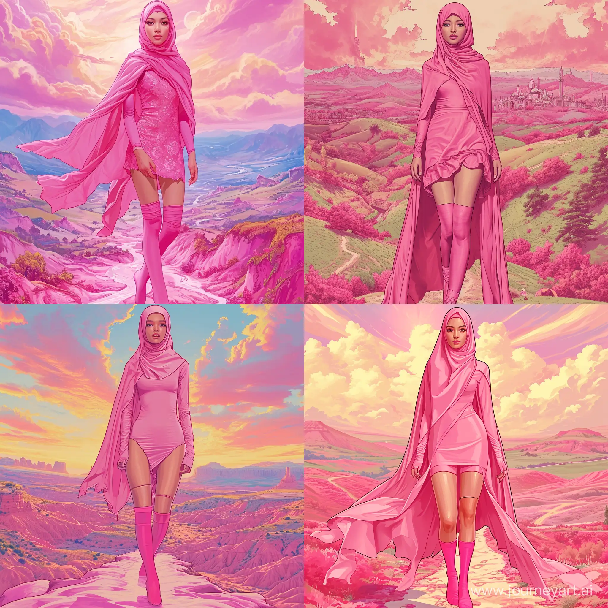 Sundanese-Woman-in-Pink-Hijab-Dress-Roaming-Dreamy-Landscape