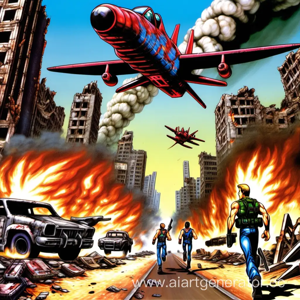 Intense-Battle-Scene-Bill-and-Lance-Navigate-Devastated-Cityscape-Amidst-Aerial-Assault
