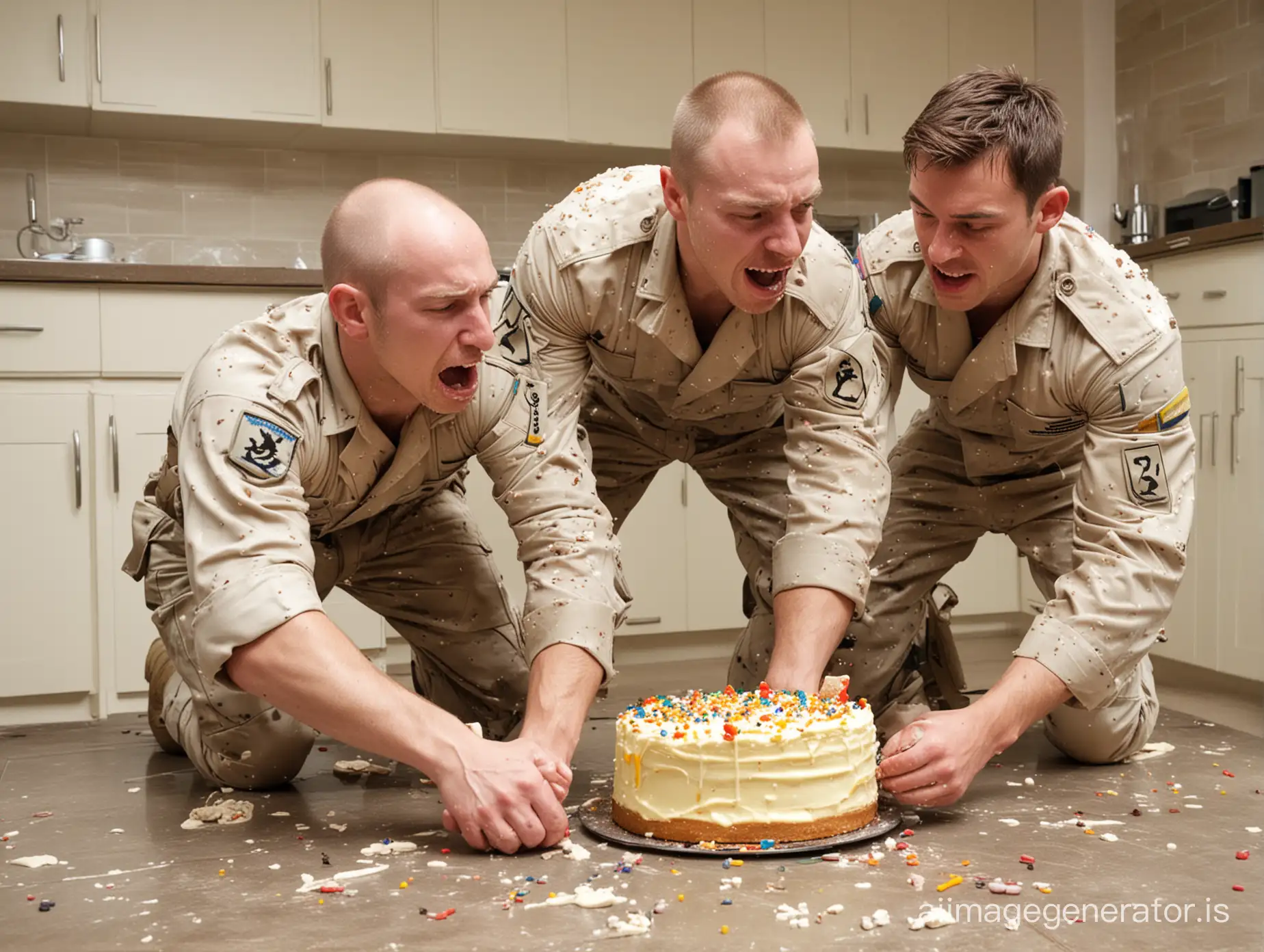 white men, two uniformed soldier wrestling and fighting, gay, cake fighting, body crushes the cake, the ass crushes the cake, in kitchen, impacts cake, hits cake, cake in ruin, face in cake, atractive face, wet dirty, uniform covered in cake and cream, fighting and wrestling, fist fight, pressing your face into the cake and cream, trampling the cake, back on the cake, back pocket, cake violence,