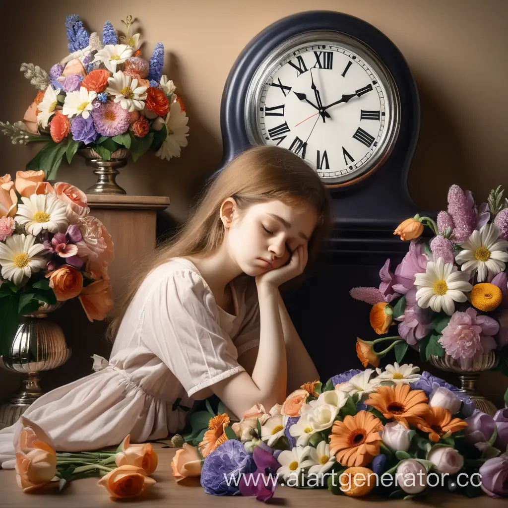 Tired girl among bouquets of flowers looking at the clock