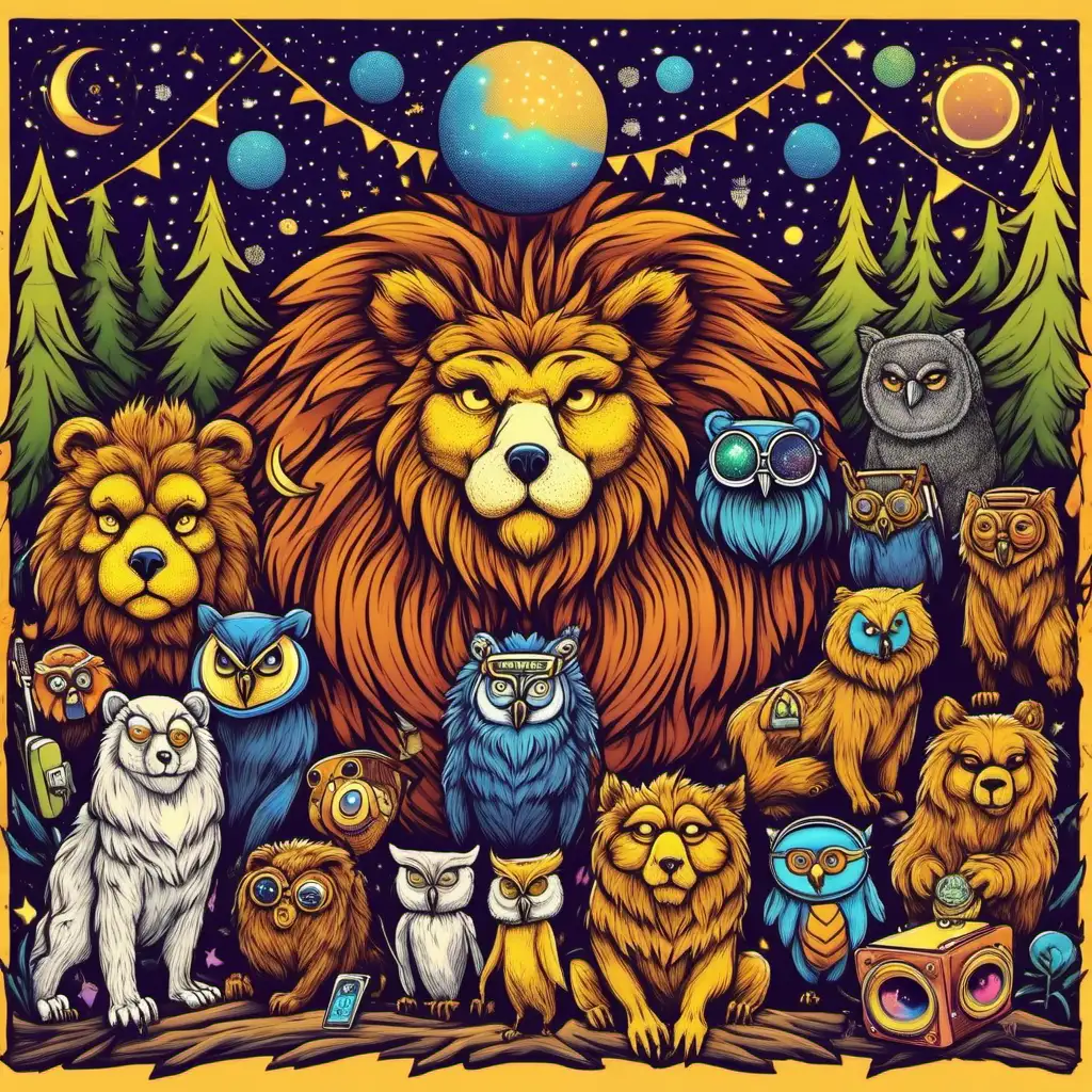 Magical Cosmic Campout with Lion Bear Owl and Wolf