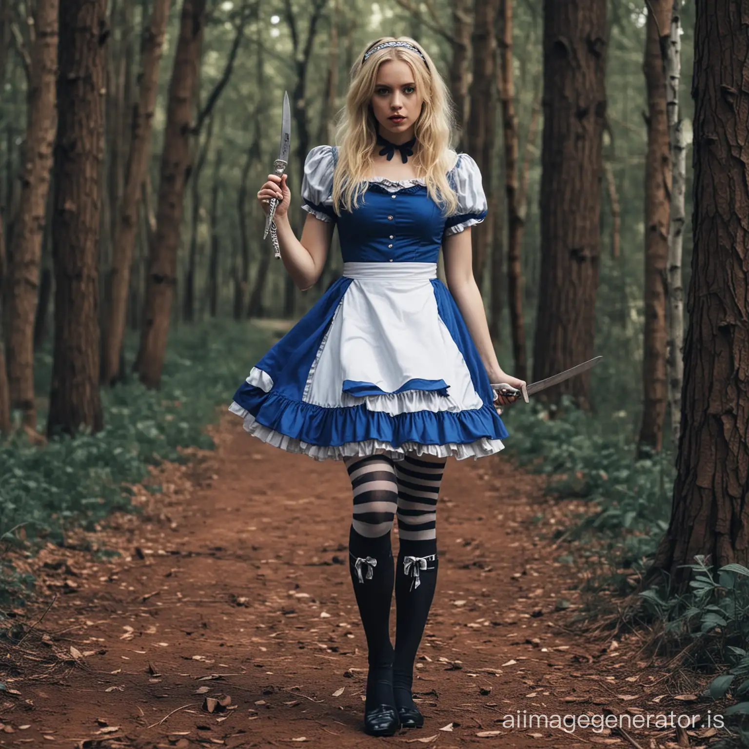 Blonde-Alice-in-Wonderland-with-Striped-Stockings-and-Knife-in-Enchanted-Forest