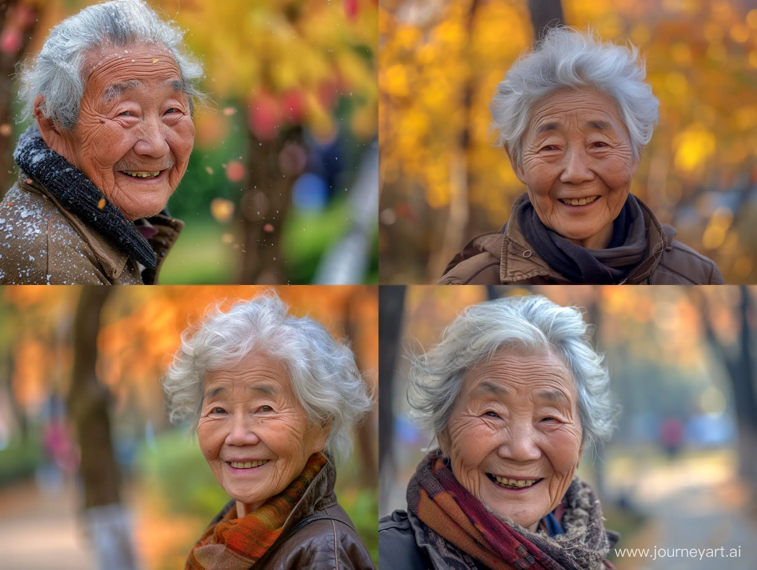 An 80-year-old Chinese person with a happy smile and snowy white hair, enjoying a leisurely autumn walk in a park. The scene is beautifully captured with a blurred background, enhancing the realism and adding depth to the image. 8k HDR best quality.

